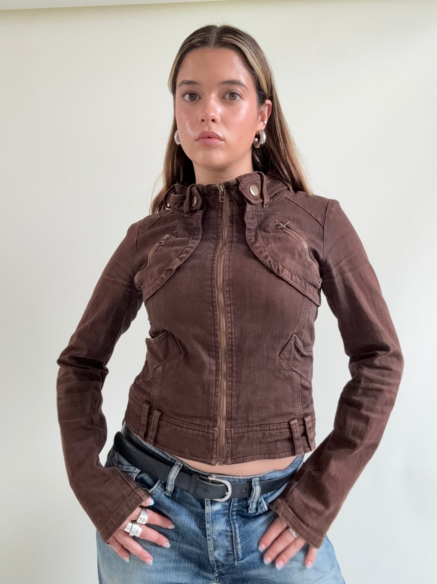 Brown Fitted Biker Jacket (M)