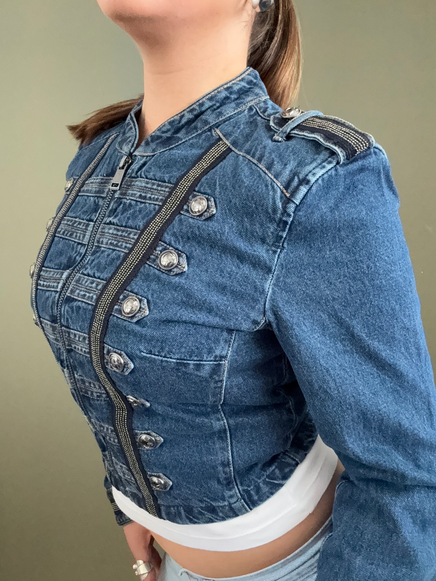 Guess Cropped Denim Military Jacket (S)