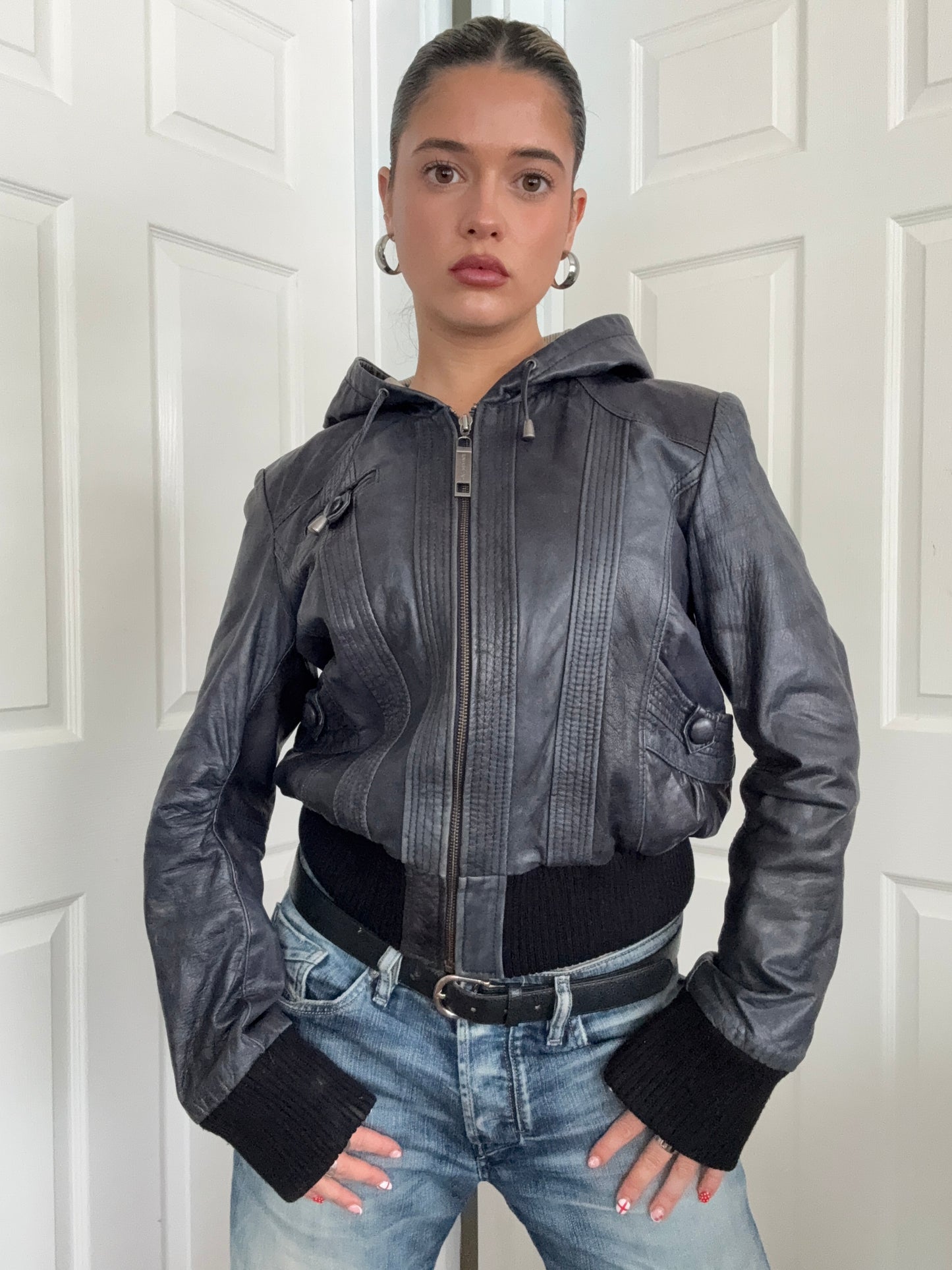 Leather Hooded Bomber Jacket (UK14)