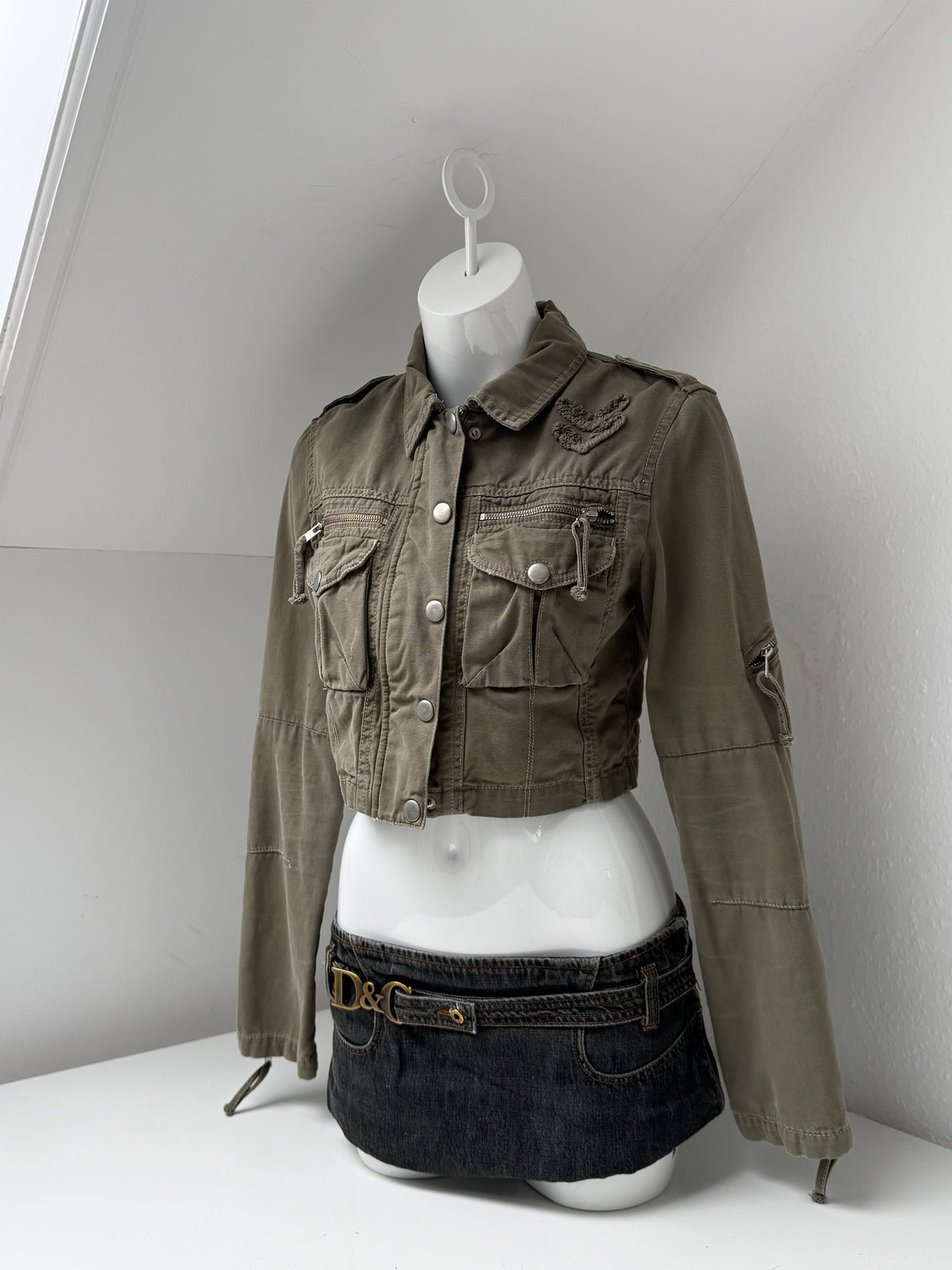 Khaki Y2K Cropped Utility Jacket (UK12)