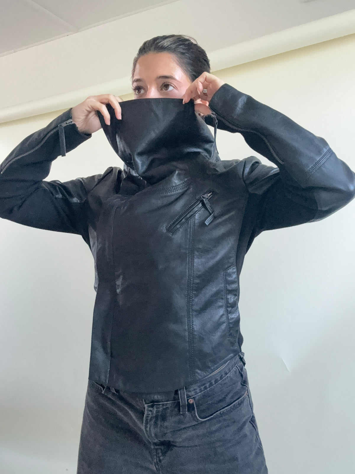 Leather Asymmetric Funnel Neck Jacket (L)