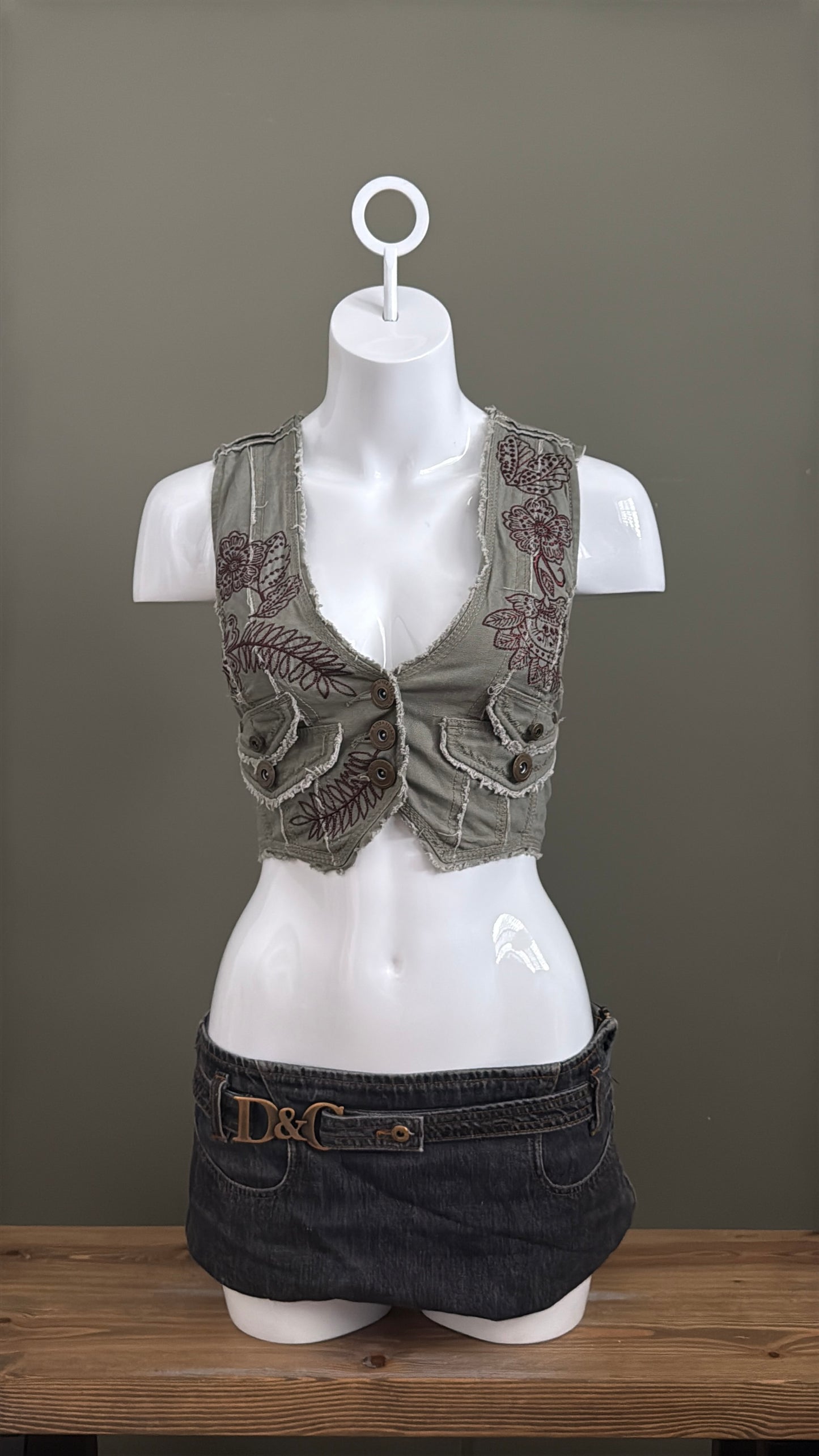 Khaki Cropped Corset Embroidered Waistcoat (UK12)