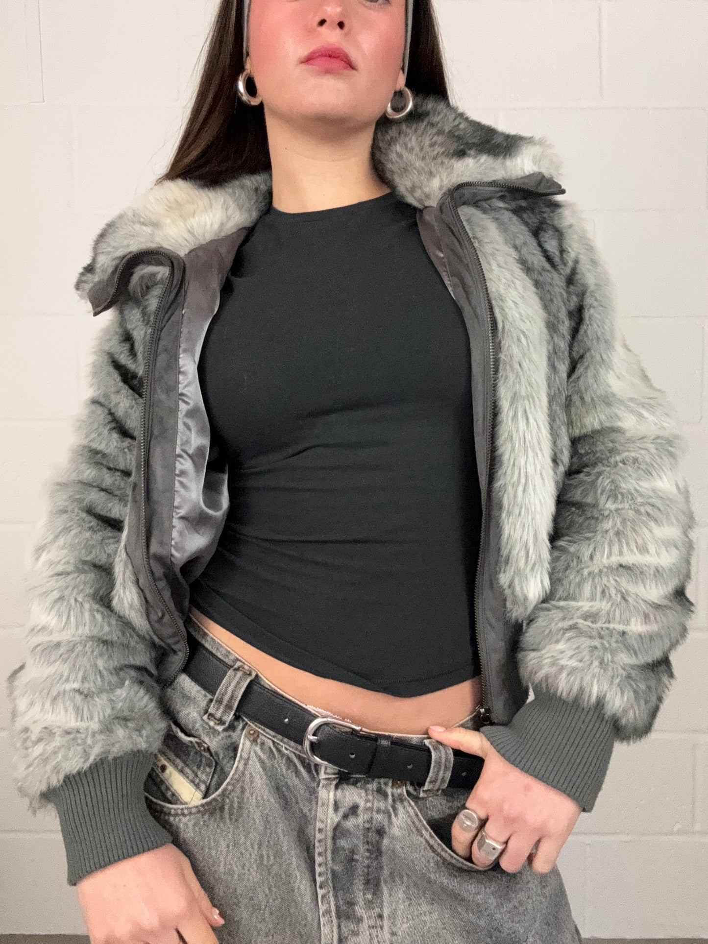 Grey Faux Fur Jacket (UK10)