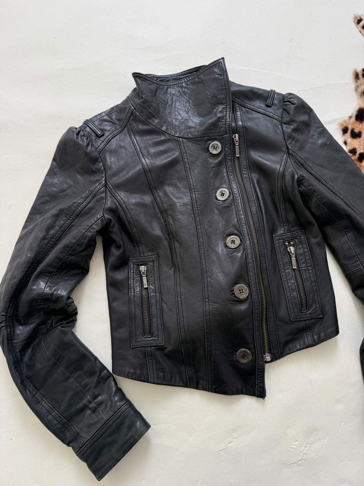 Vintage Asymmetric Leather Button Jacket (XS)