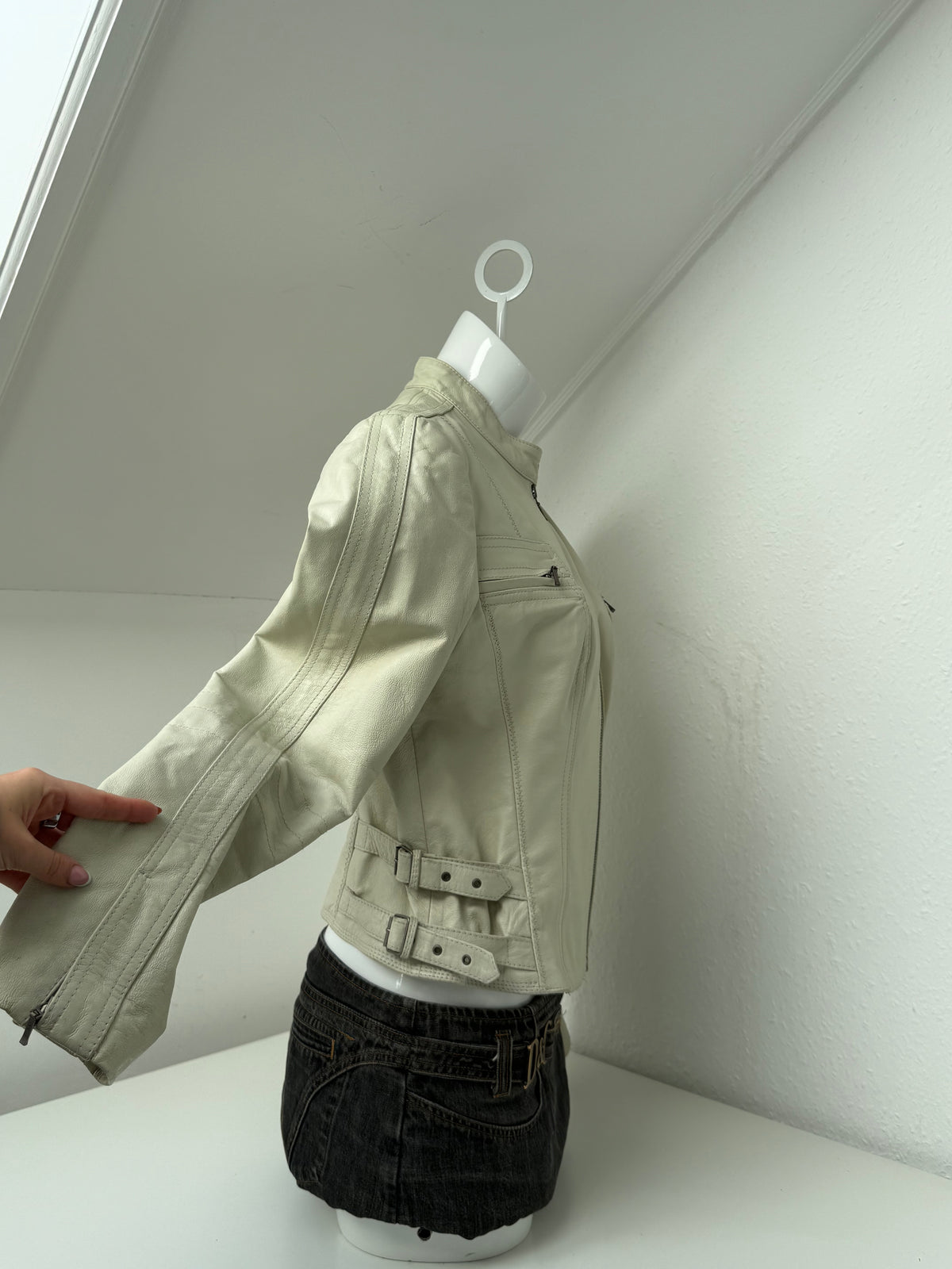 Cream Leather Vintage Buckle Jacket (UK14)