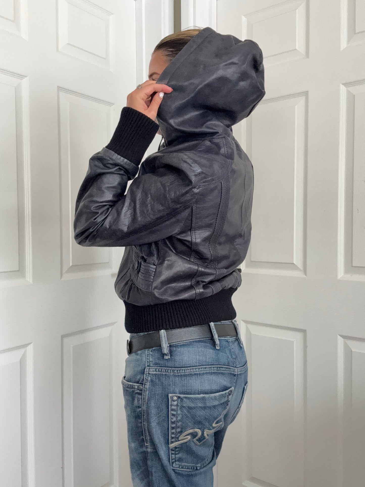 Leather Hooded Bomber Jacket (UK14)
