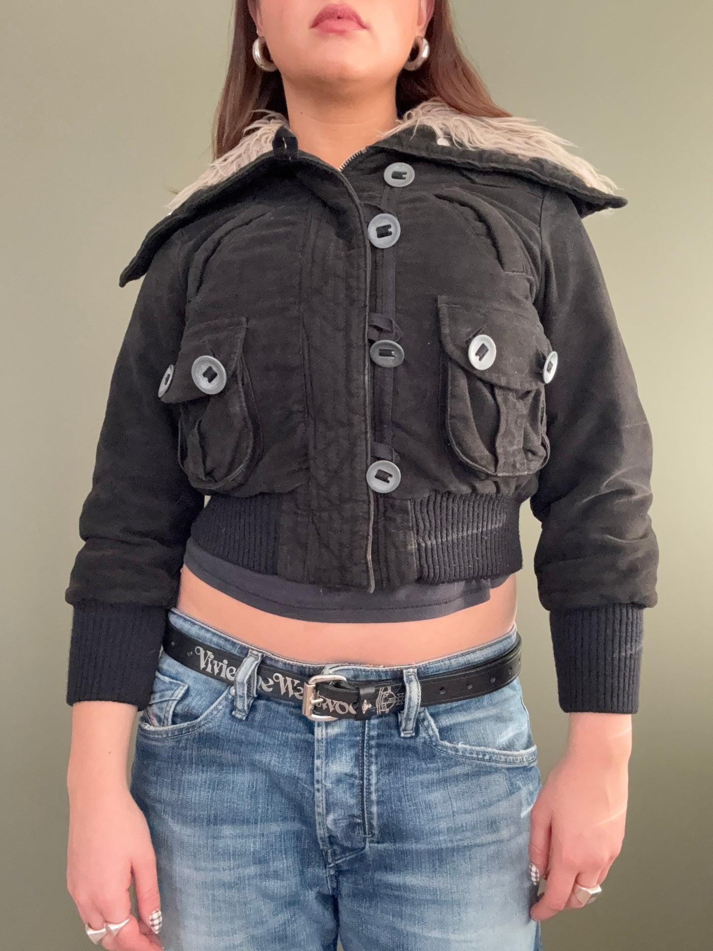 Y2K Cropped Bomber Jacket (XS)