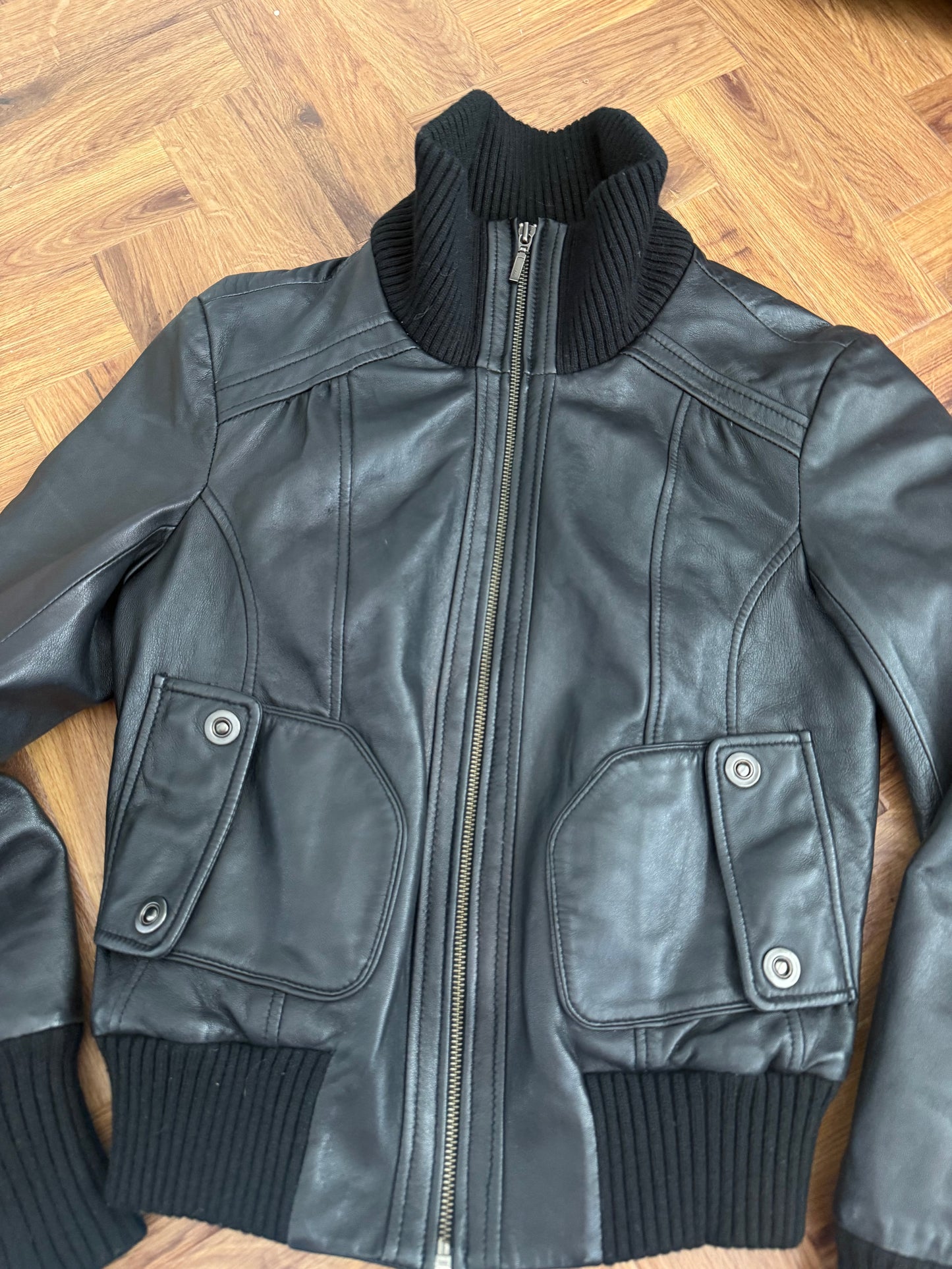 Black Leather Bomber Jacket (UK10)