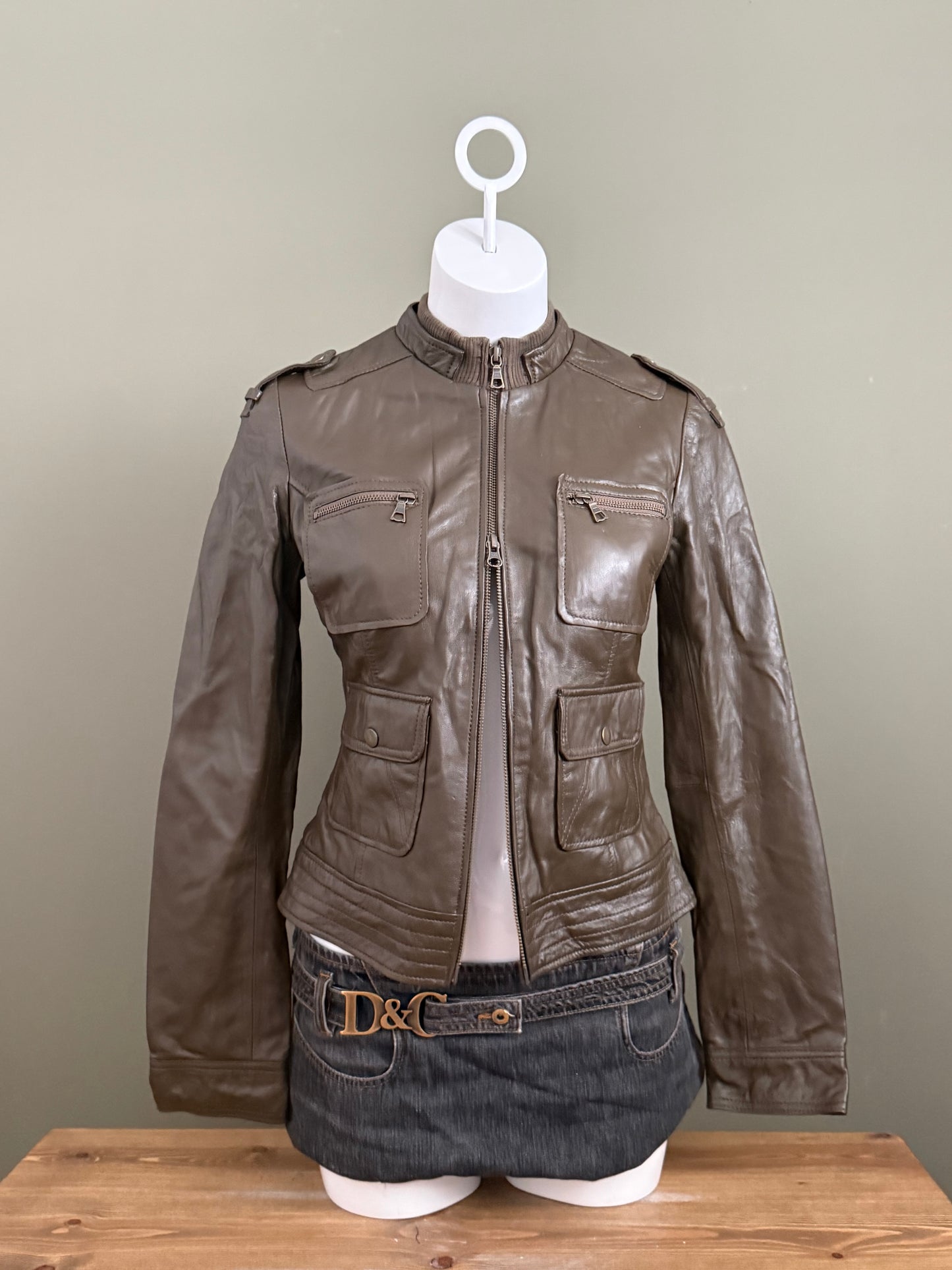 Khaki Cargo Leather Jacket (UK10)