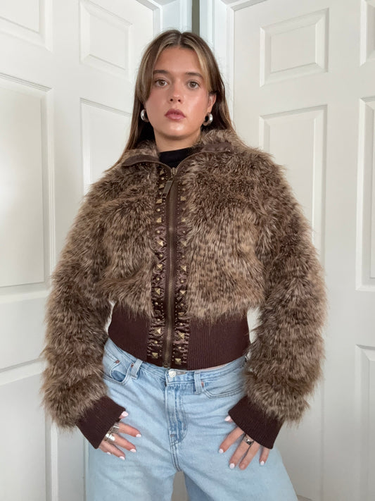 Faux Fur Leopard Bomber Jacket (UK12)