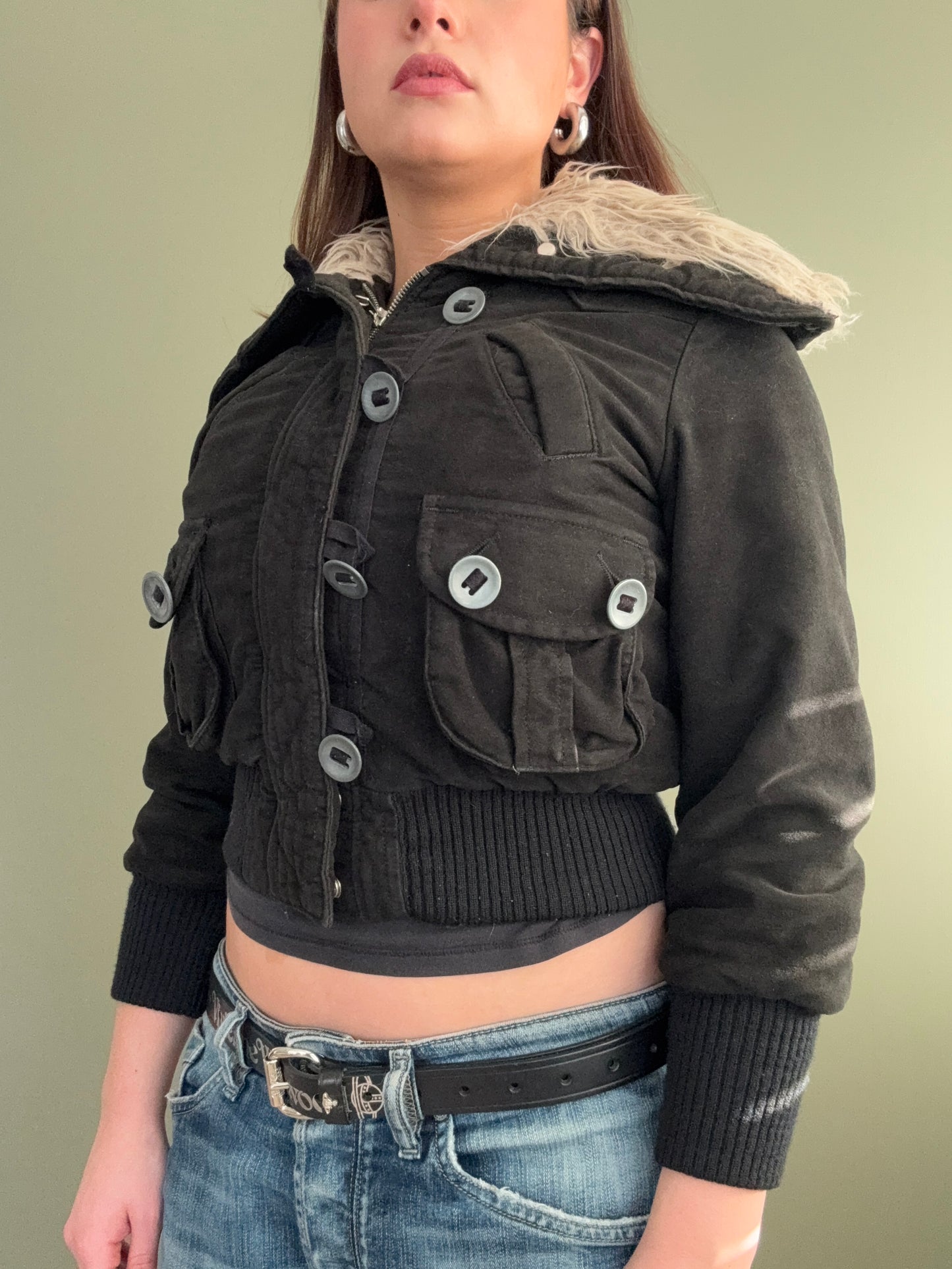 Y2K Cropped Bomber Jacket (XS)