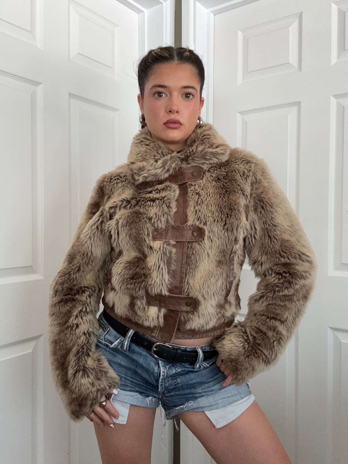 Faux Fur Buckle Bomber Jacket (UK12)