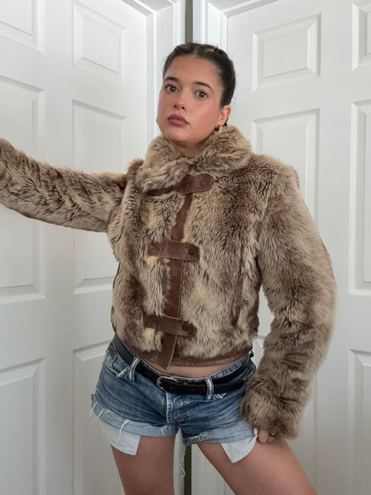 Faux Fur Buckle Bomber Jacket (UK12)