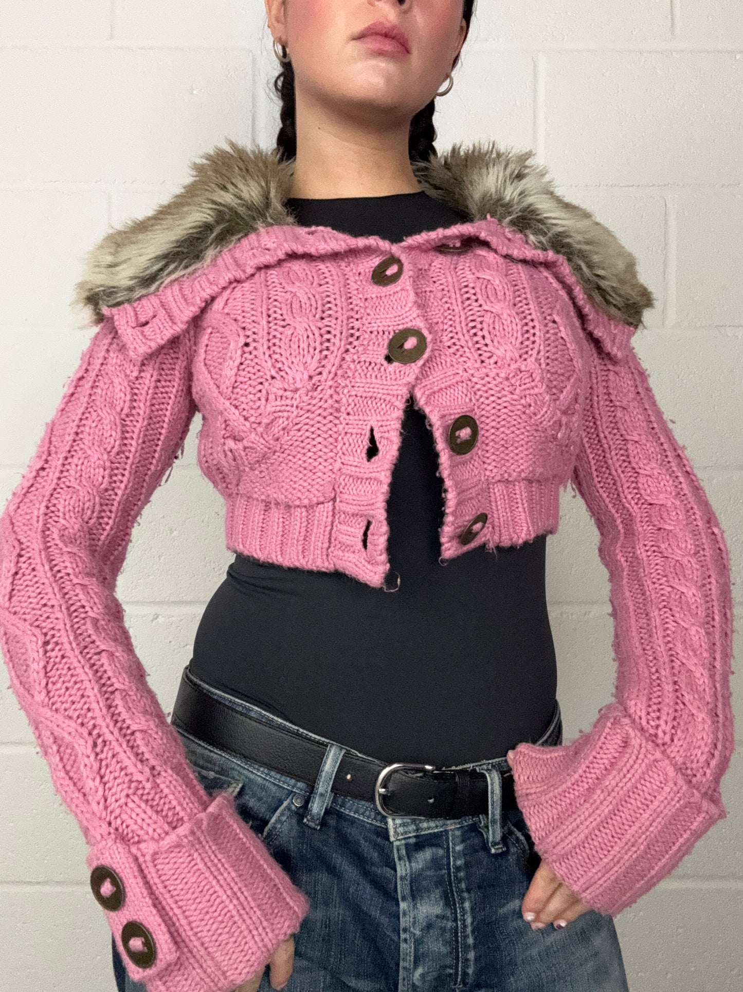 Pink Knitted Y2K Cropped Jumper (UK8)