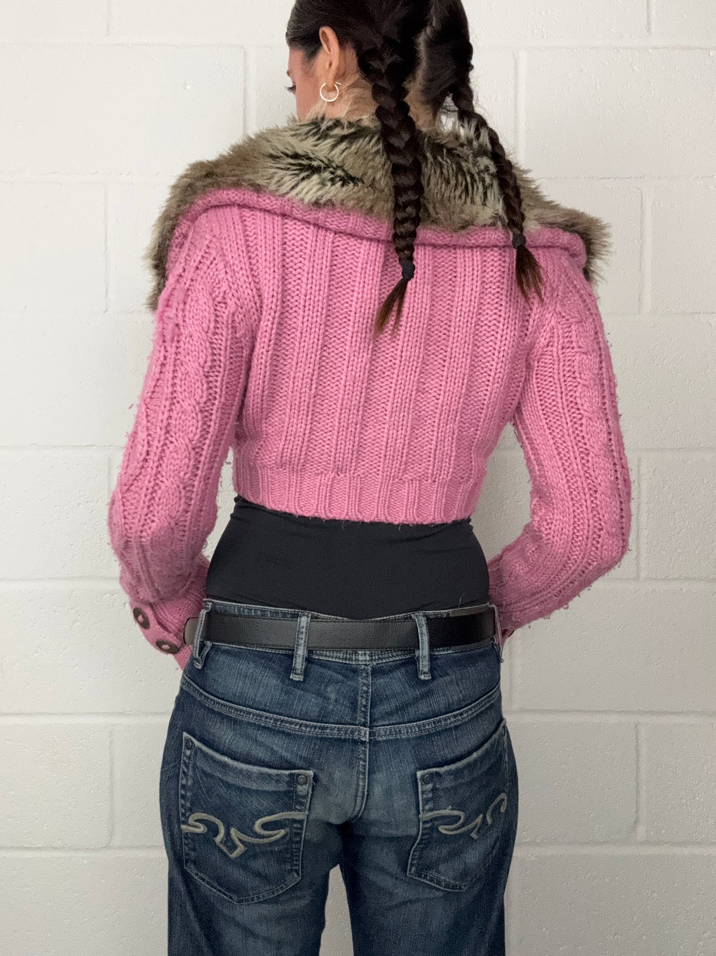 Pink Knitted Y2K Cropped Jumper (UK8)