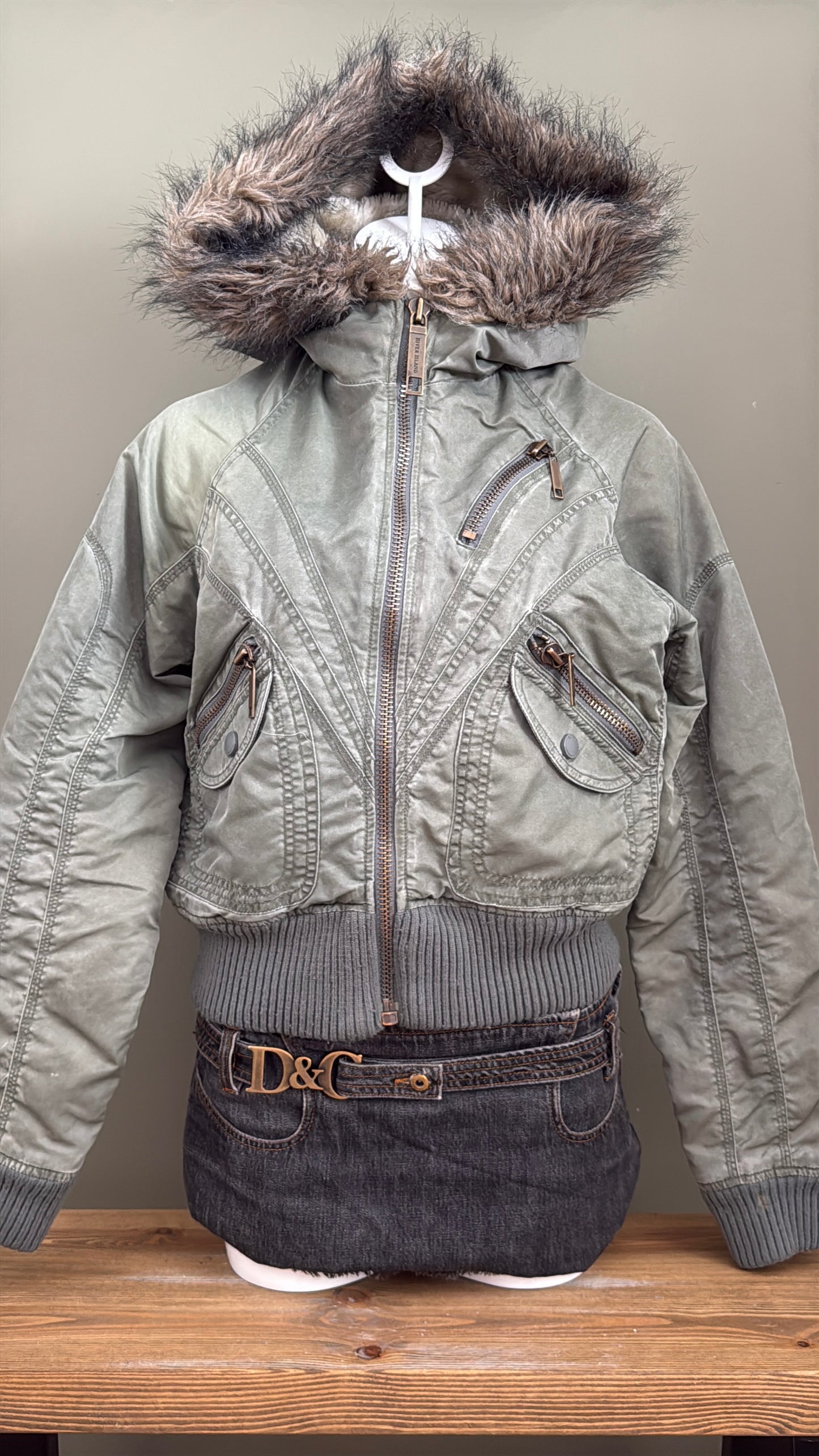 Khaki Y2K Bomber Jacket (UK12)