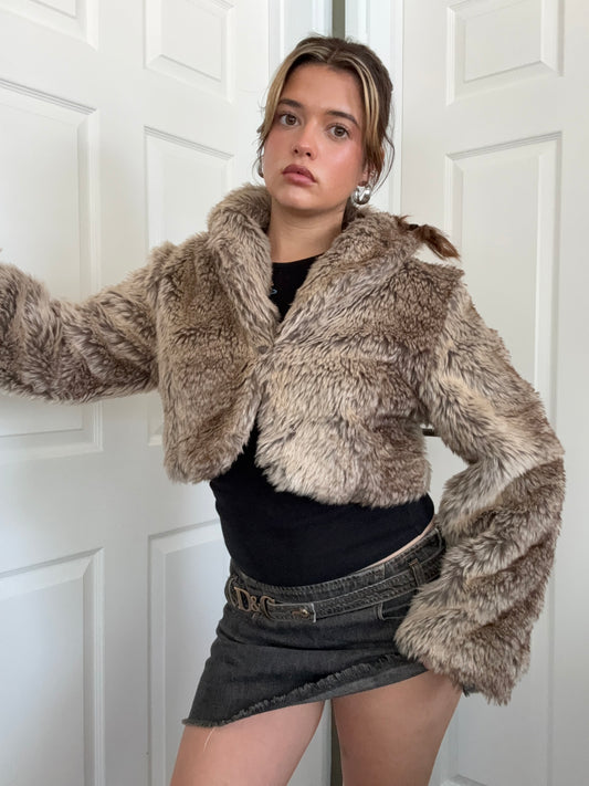 Y2K Faux Fur Cropped Jacket (S)