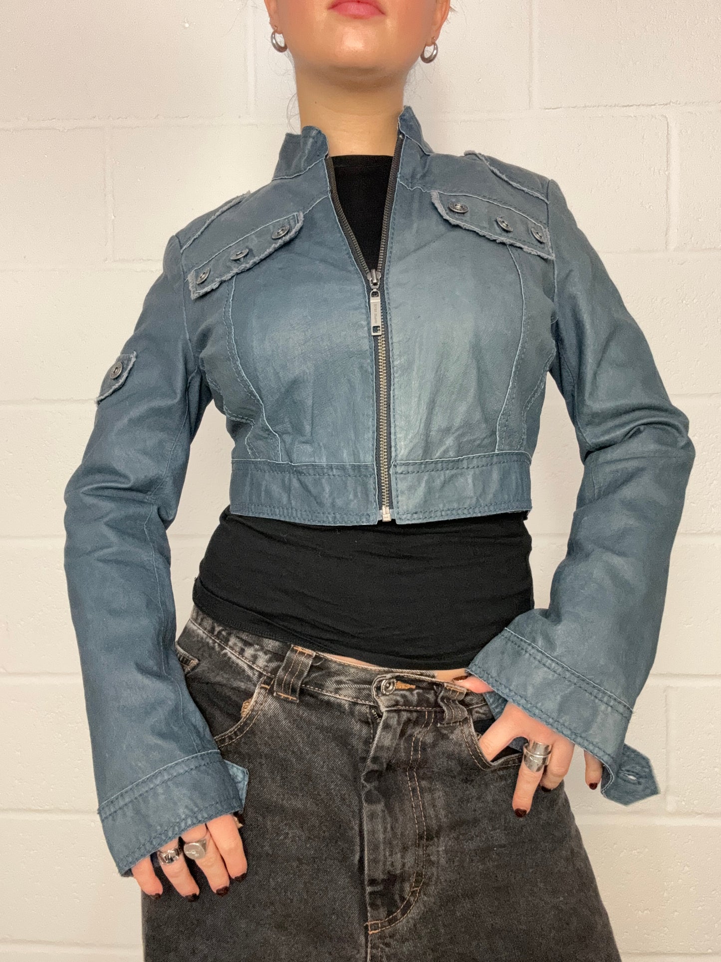 Blue Leather Cropped Jacket (UK12)