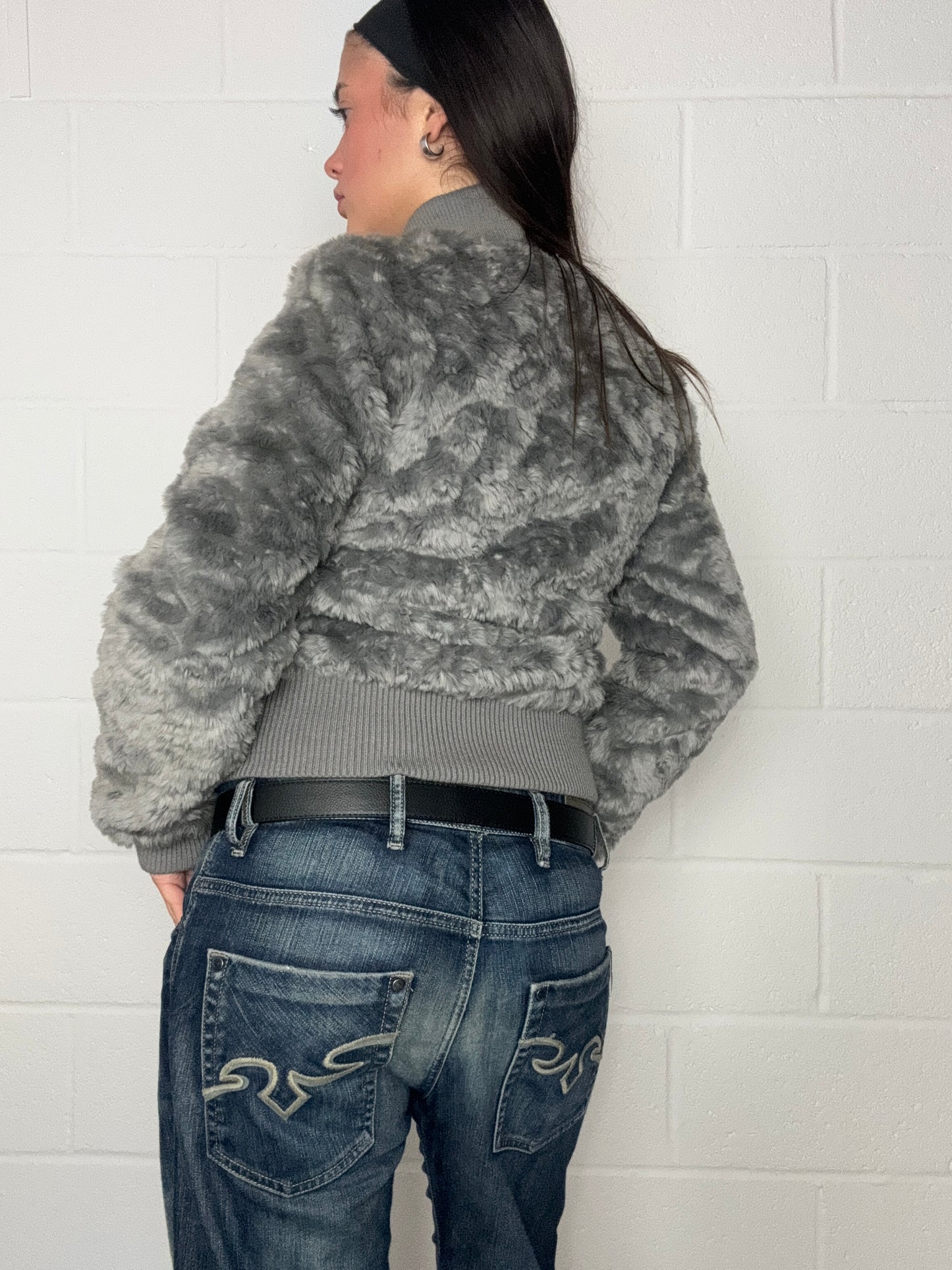 Grey Y2K Faux Fur Jacket