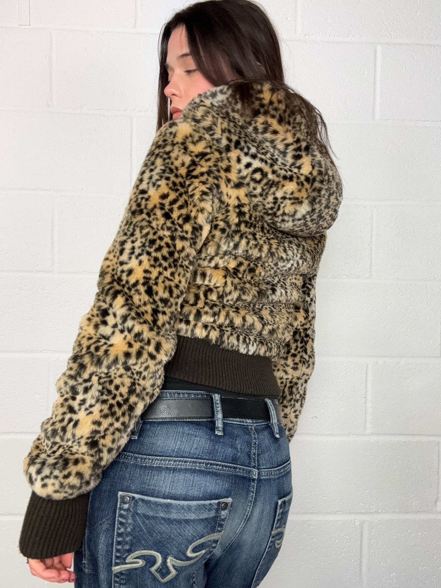 Leopard Faux Fur Bomber Jacket (S)