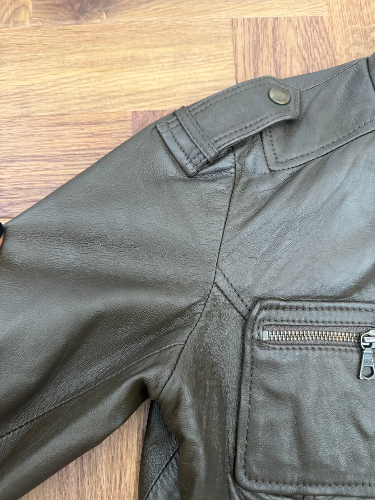 Khaki Leather Cargo Jacket (UK8)