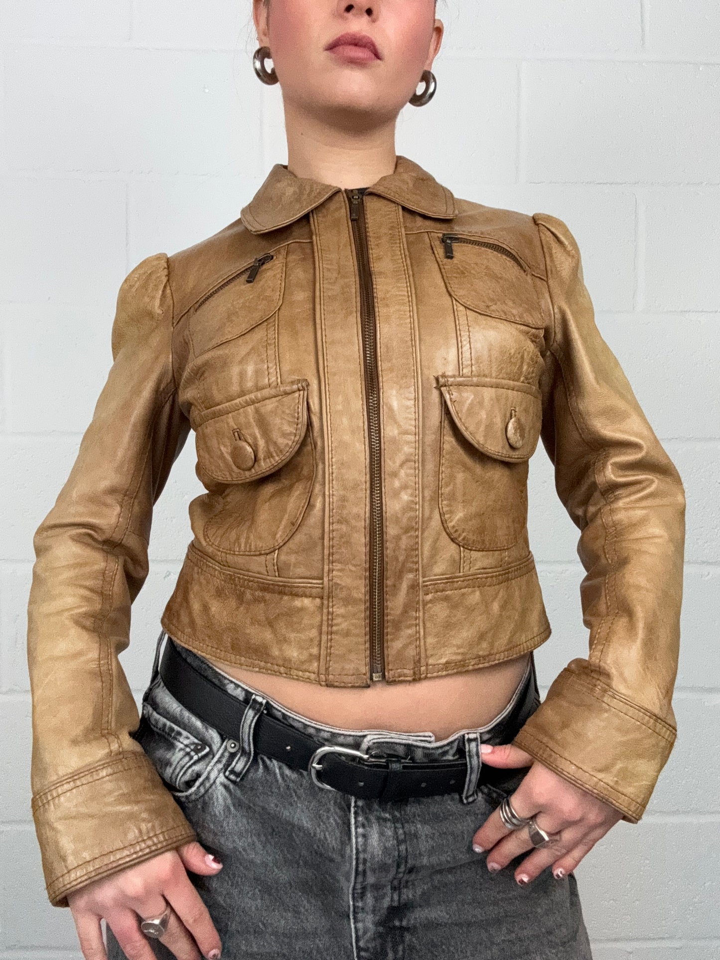 Tan Fitted Leather Jacket (UK10)