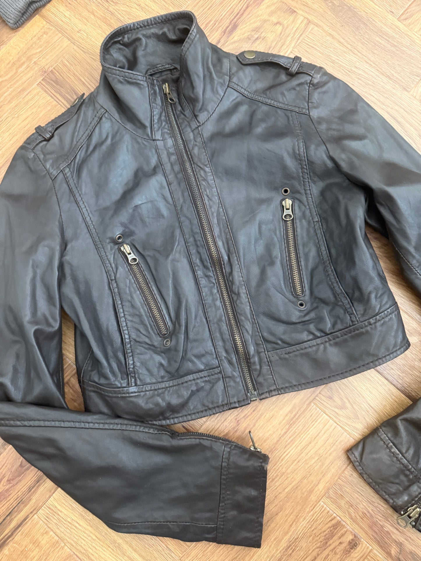 Brown Cropped Leather Jacket (M)