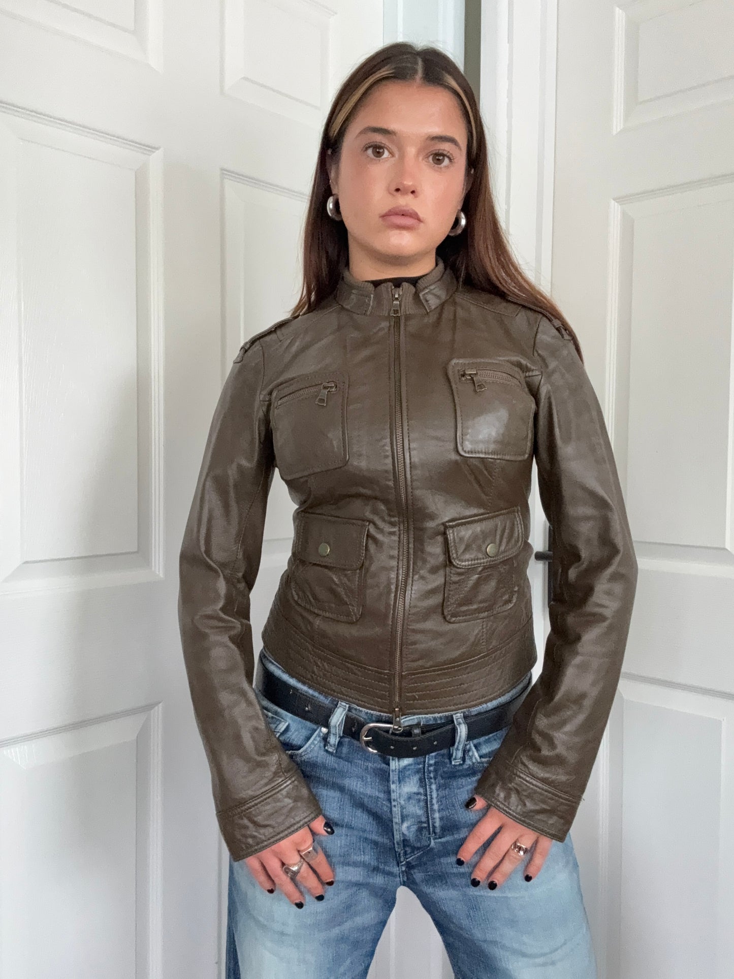 Khaki Leather Cargo Jacket (UK8)