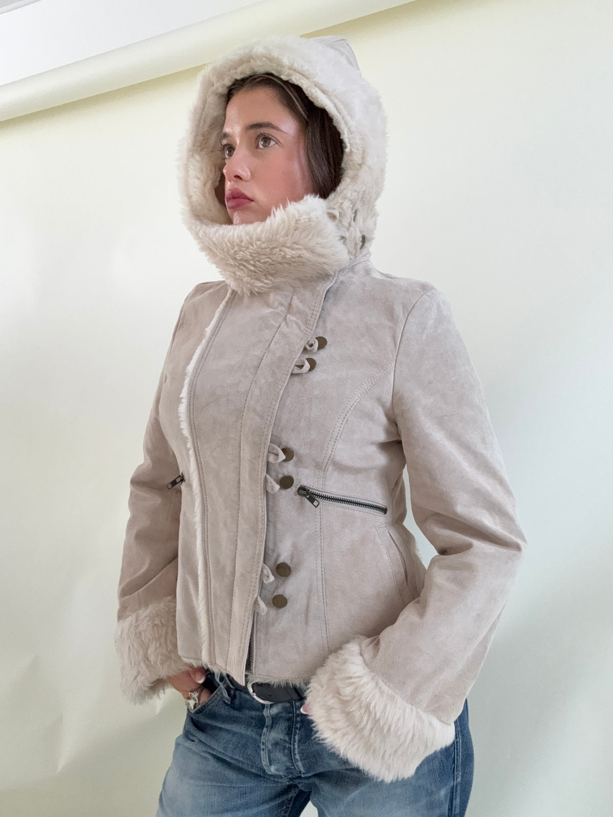 Suede Funnel Neck Hooded Jacket (UK12)