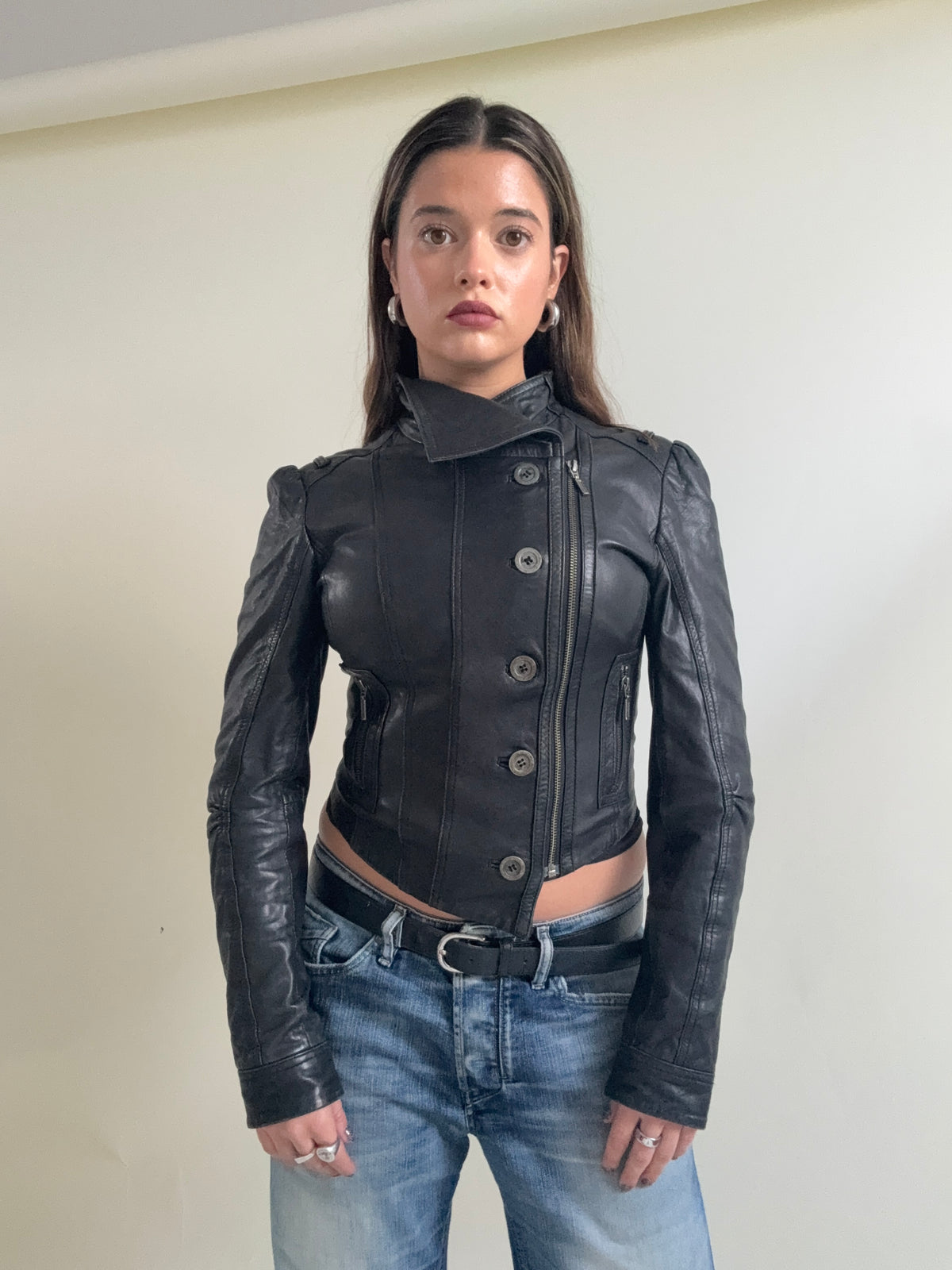 Vintage Asymmetric Leather Button Jacket (XS)