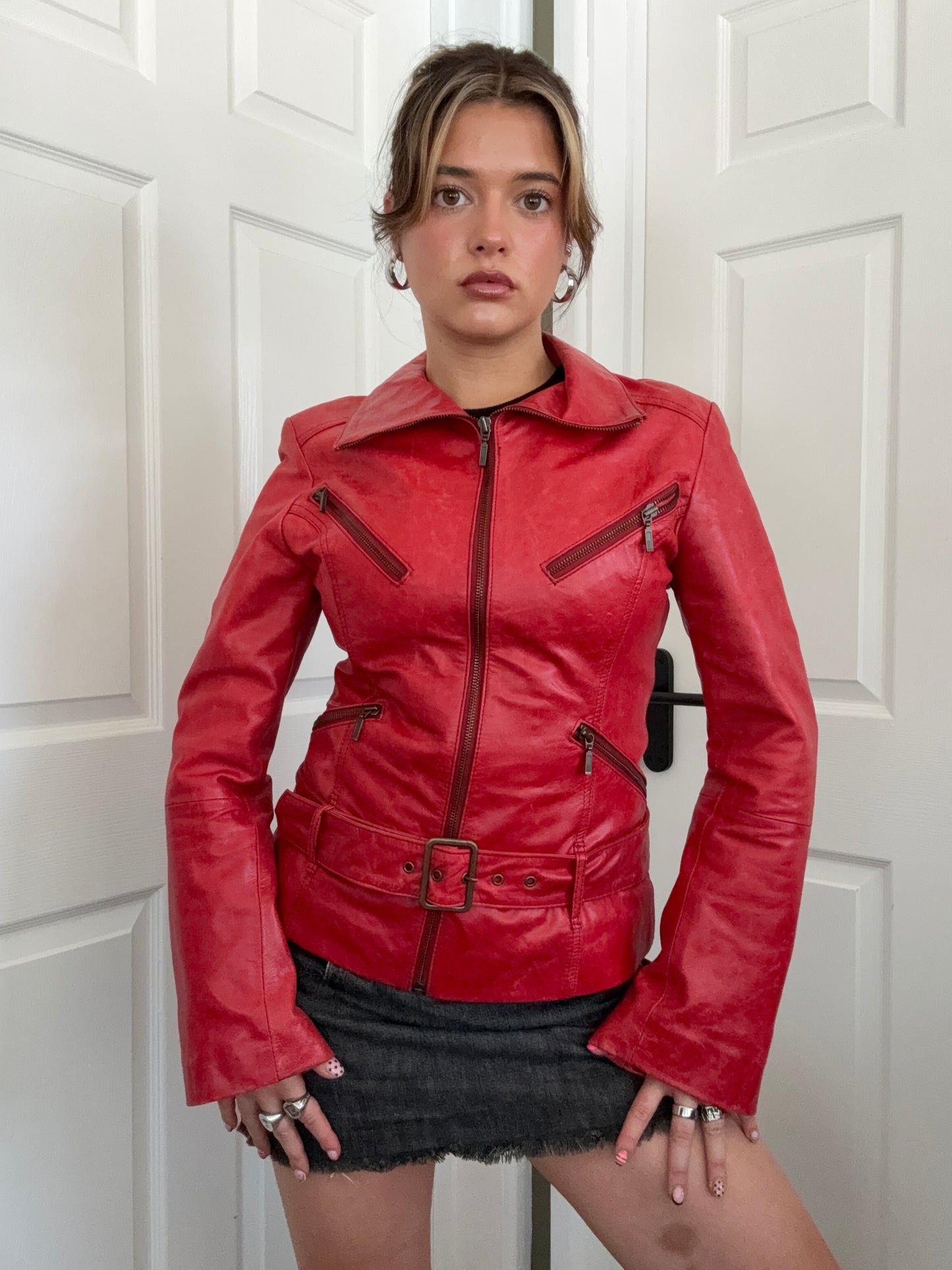 Red Leather Buckle Jacket (UK10)