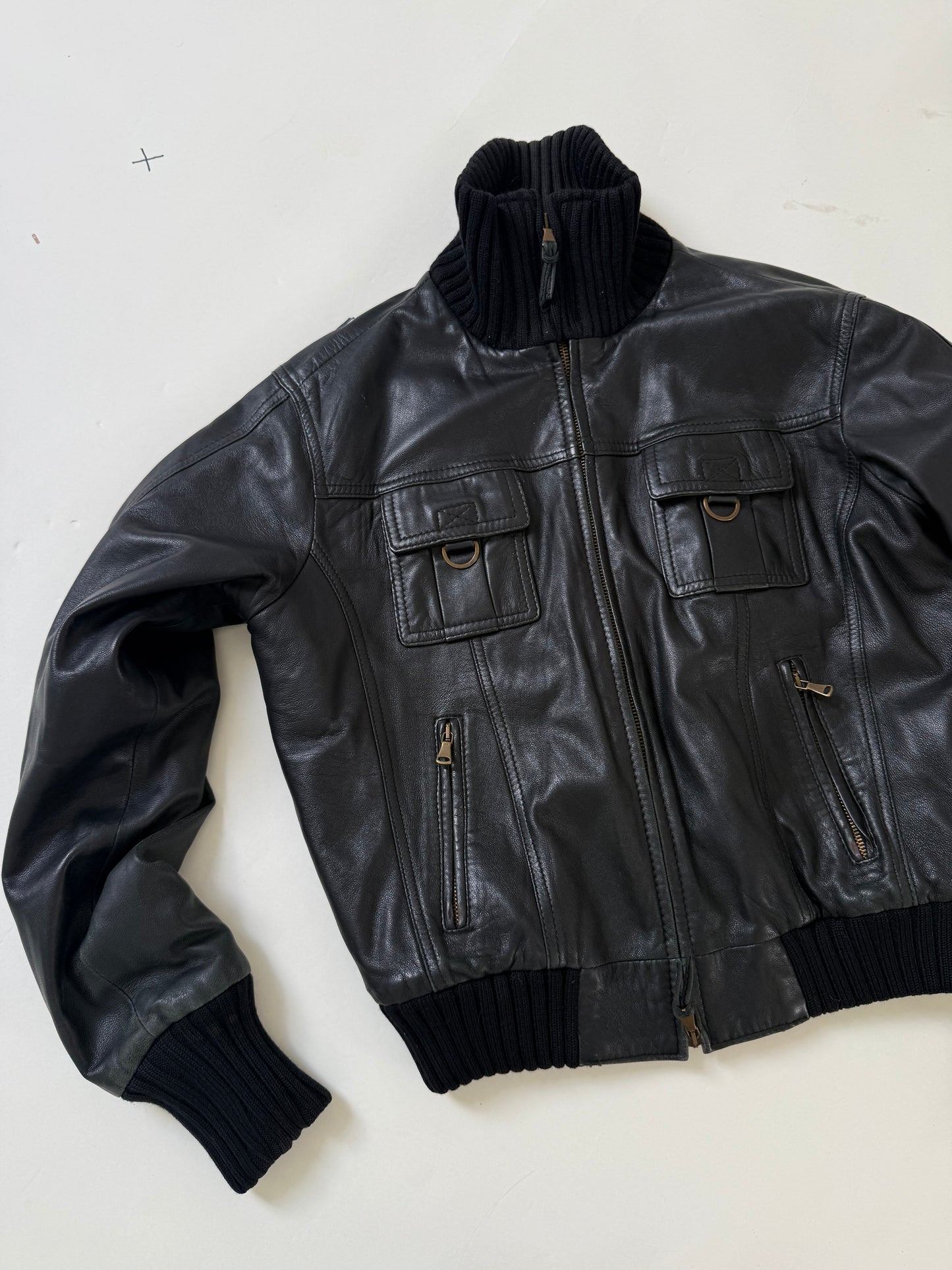 Leather Cargo Bomber Jacket (M)