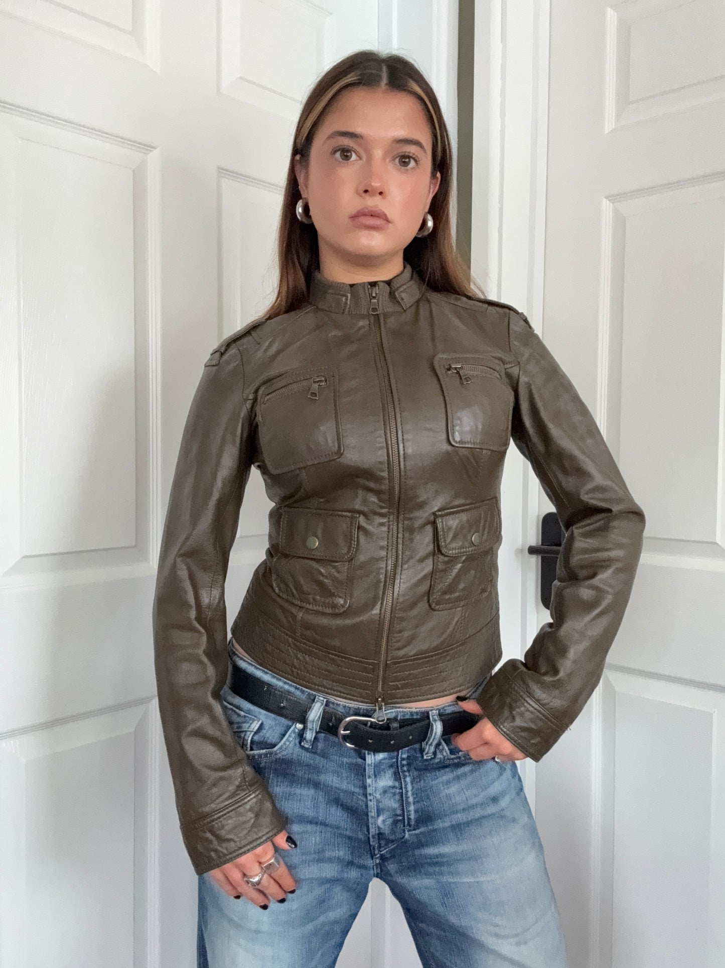 Khaki Leather Cargo Jacket (UK8)