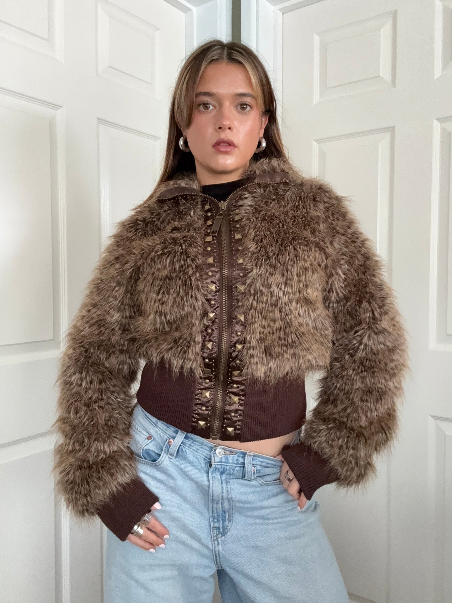 Faux Fur Leopard Bomber Jacket (UK12)
