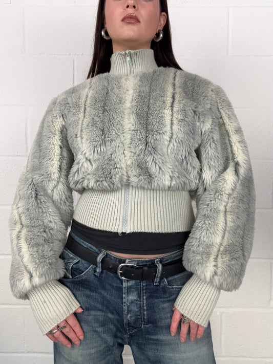 Faux Fur Cropped Bomber Jacket (M)