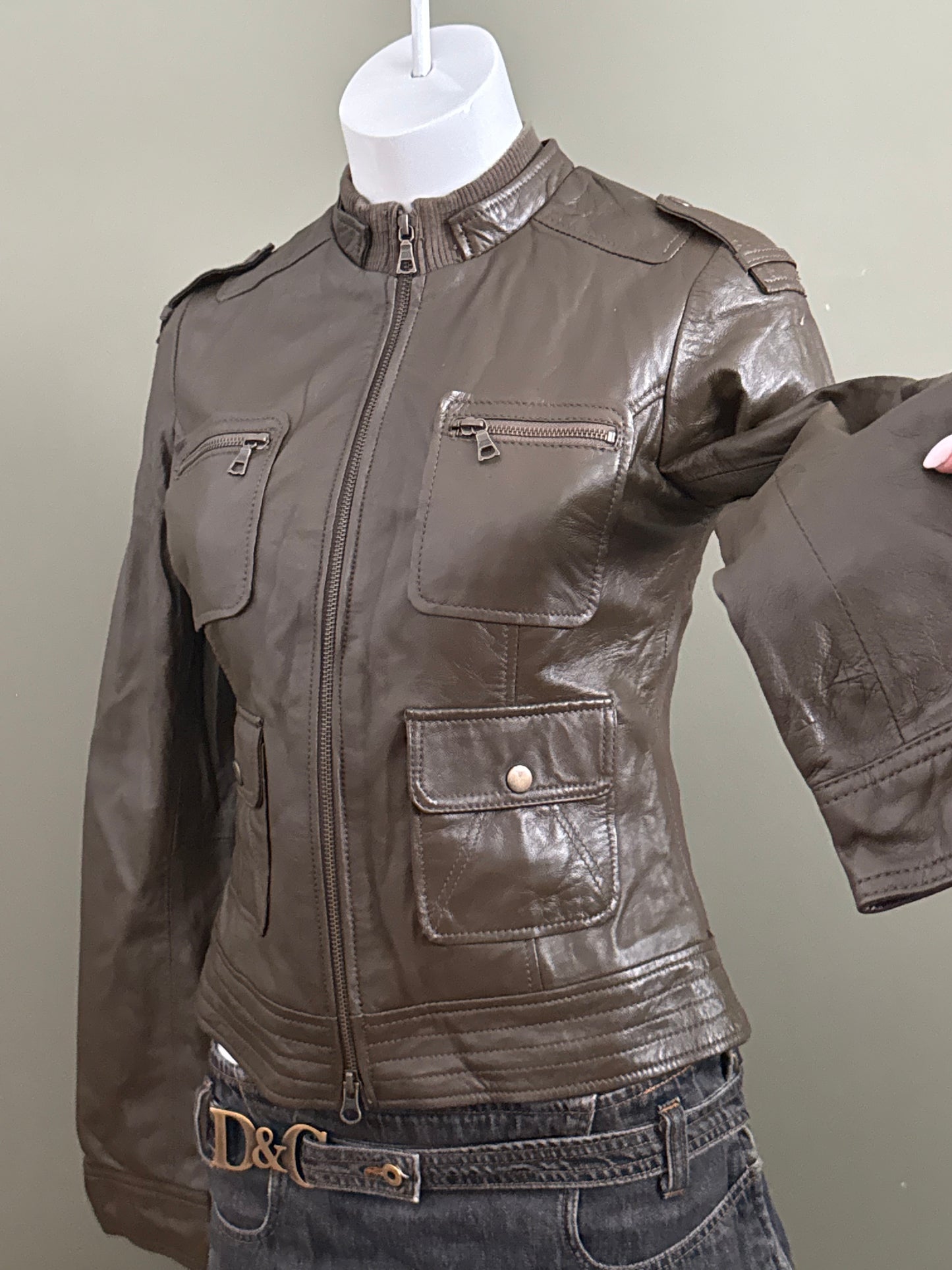 Khaki Cargo Leather Jacket (UK10)