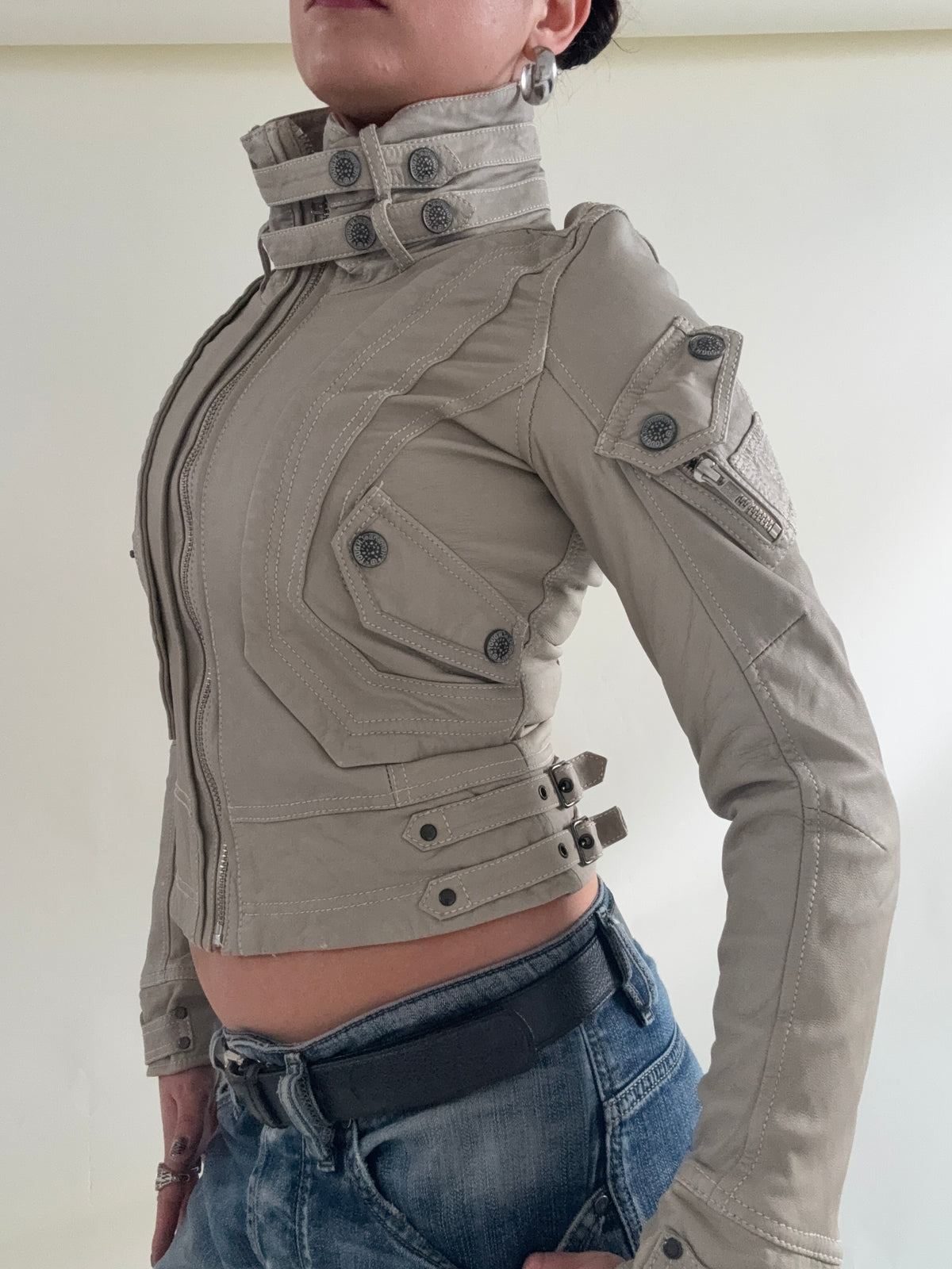 Fitted Leather Cargo Jacket (XS)