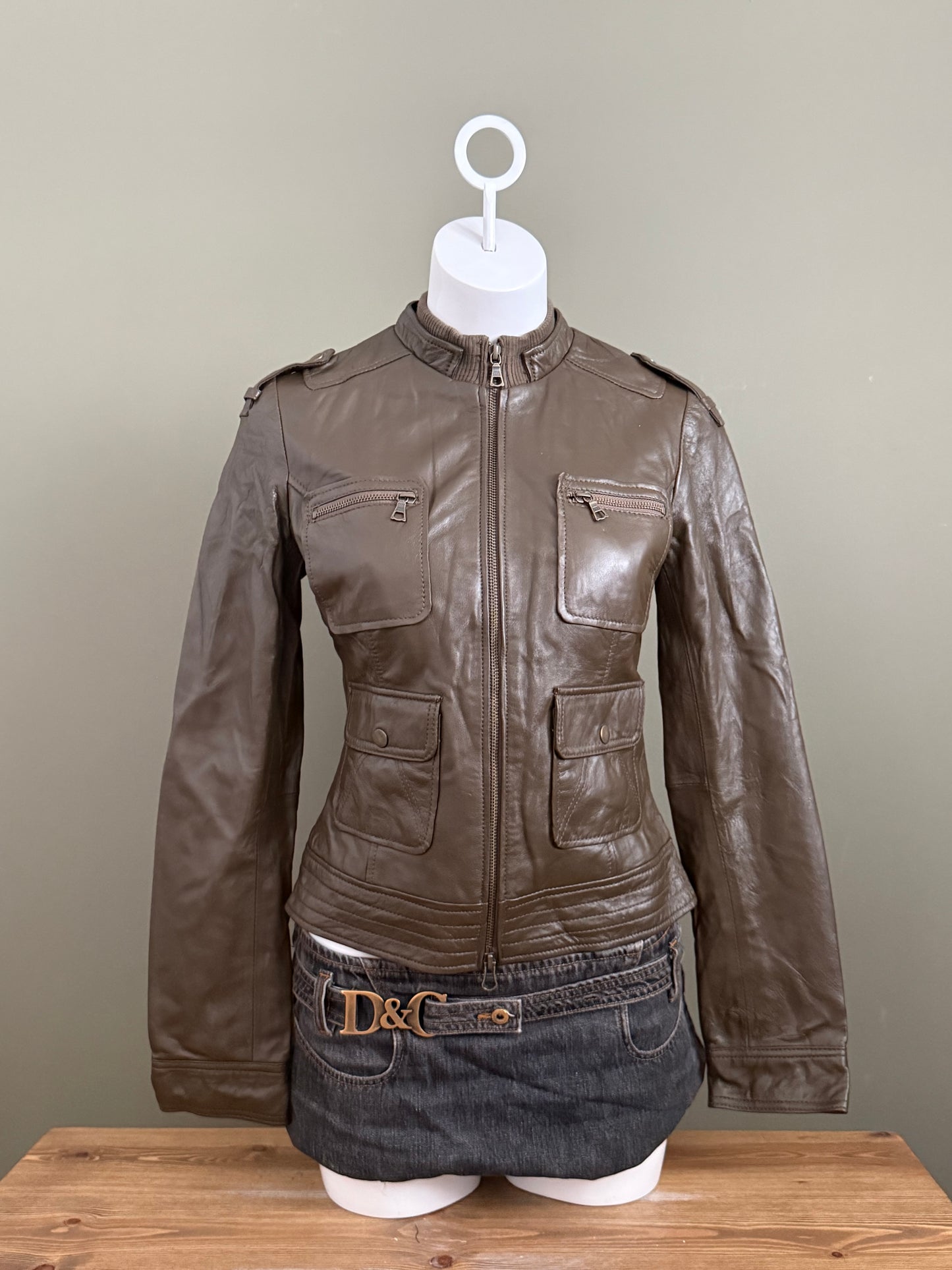 Khaki Cargo Leather Jacket (UK10)