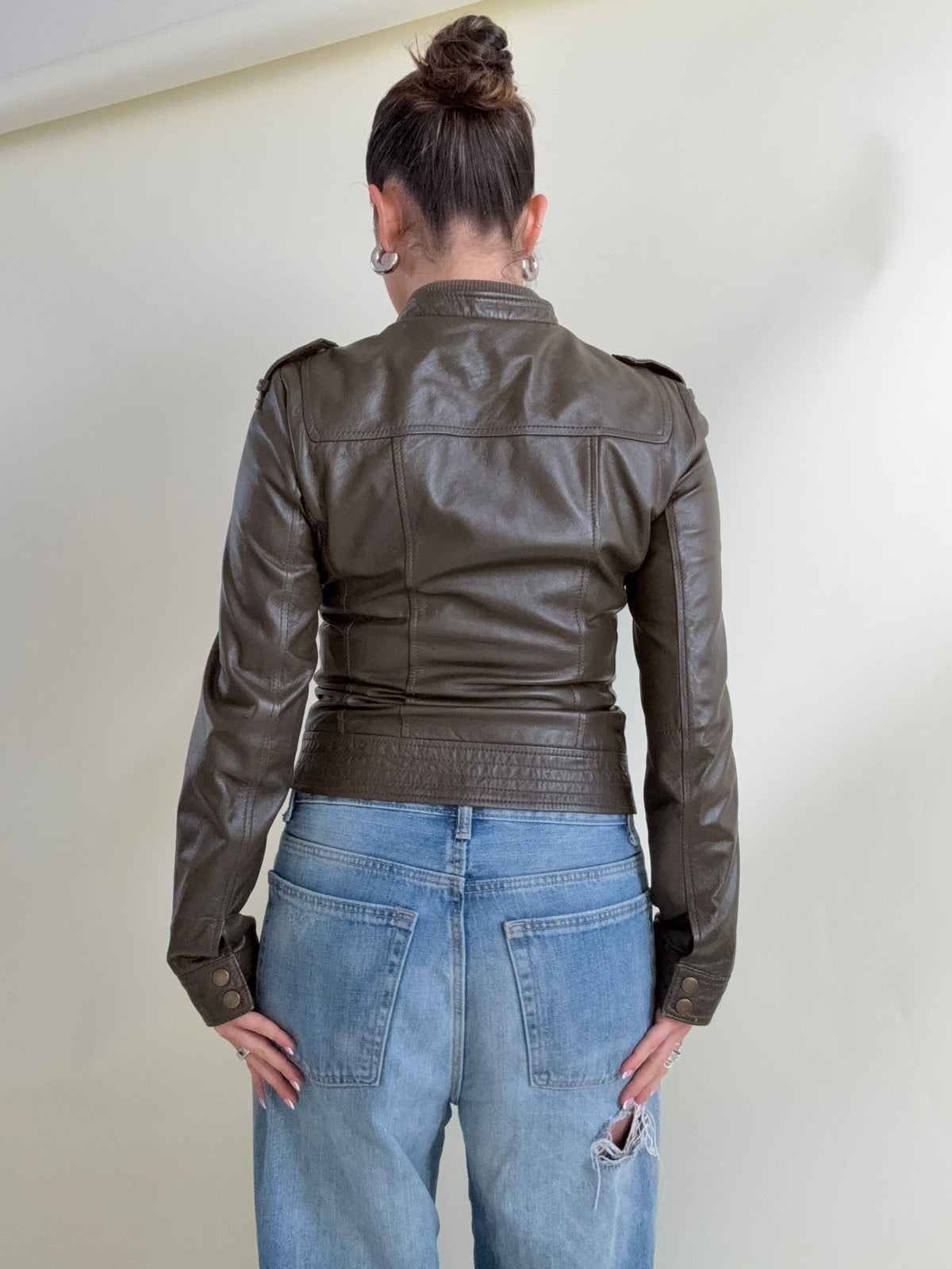 Khaki Leather Cargo Jacket (UK8)