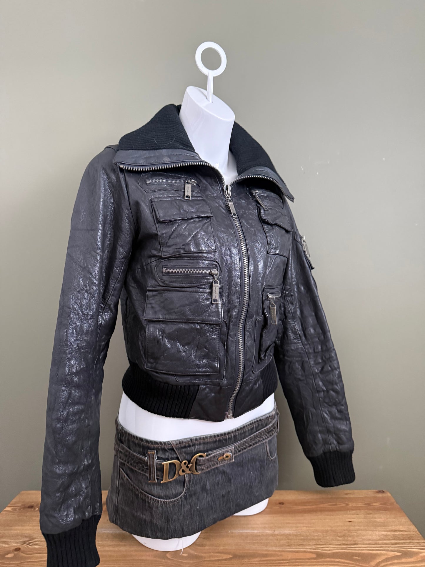 Leather Cargo Bomber Jacket (UK12)