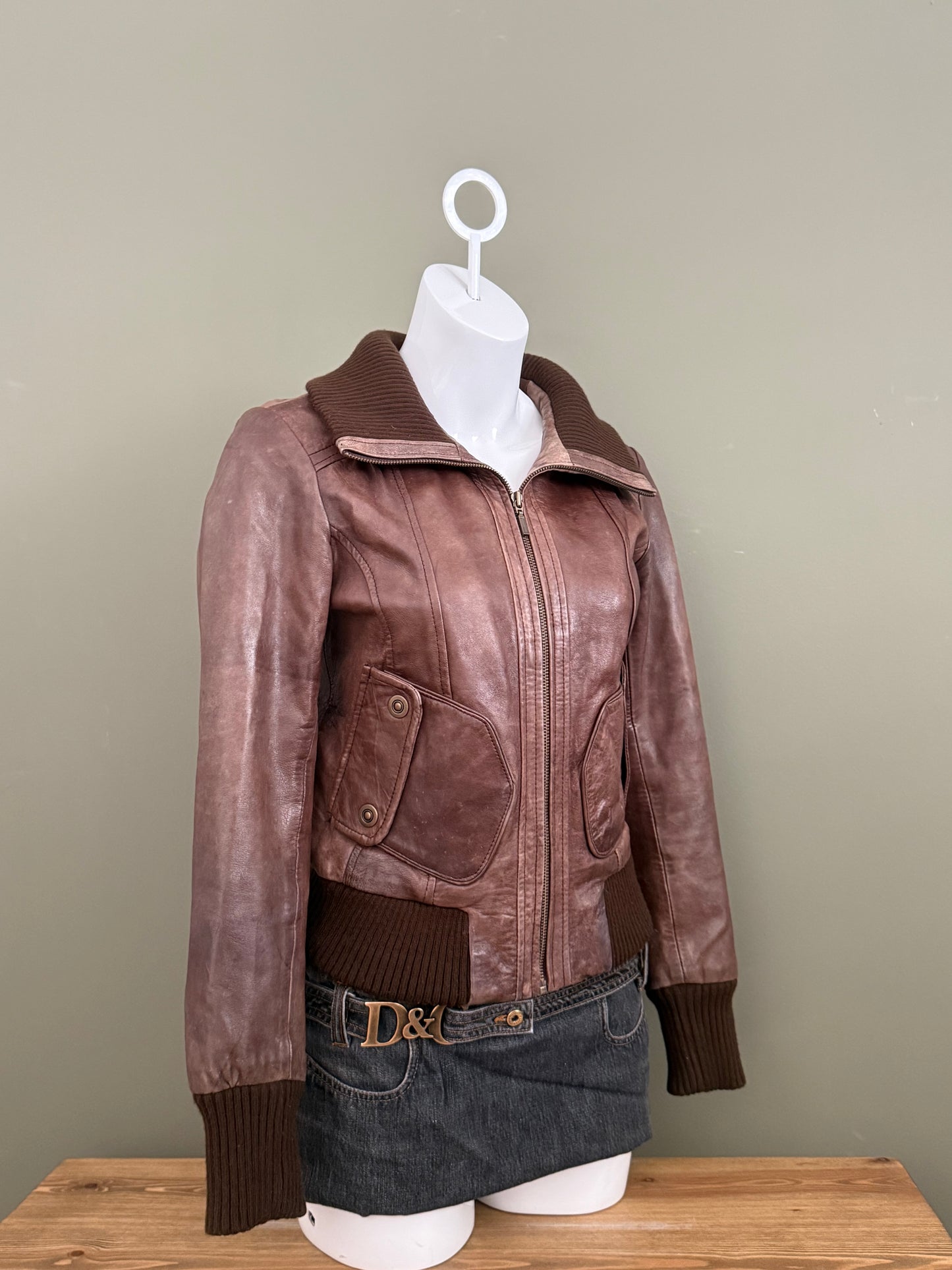Brown Leather Bomber Jacket (UK10)