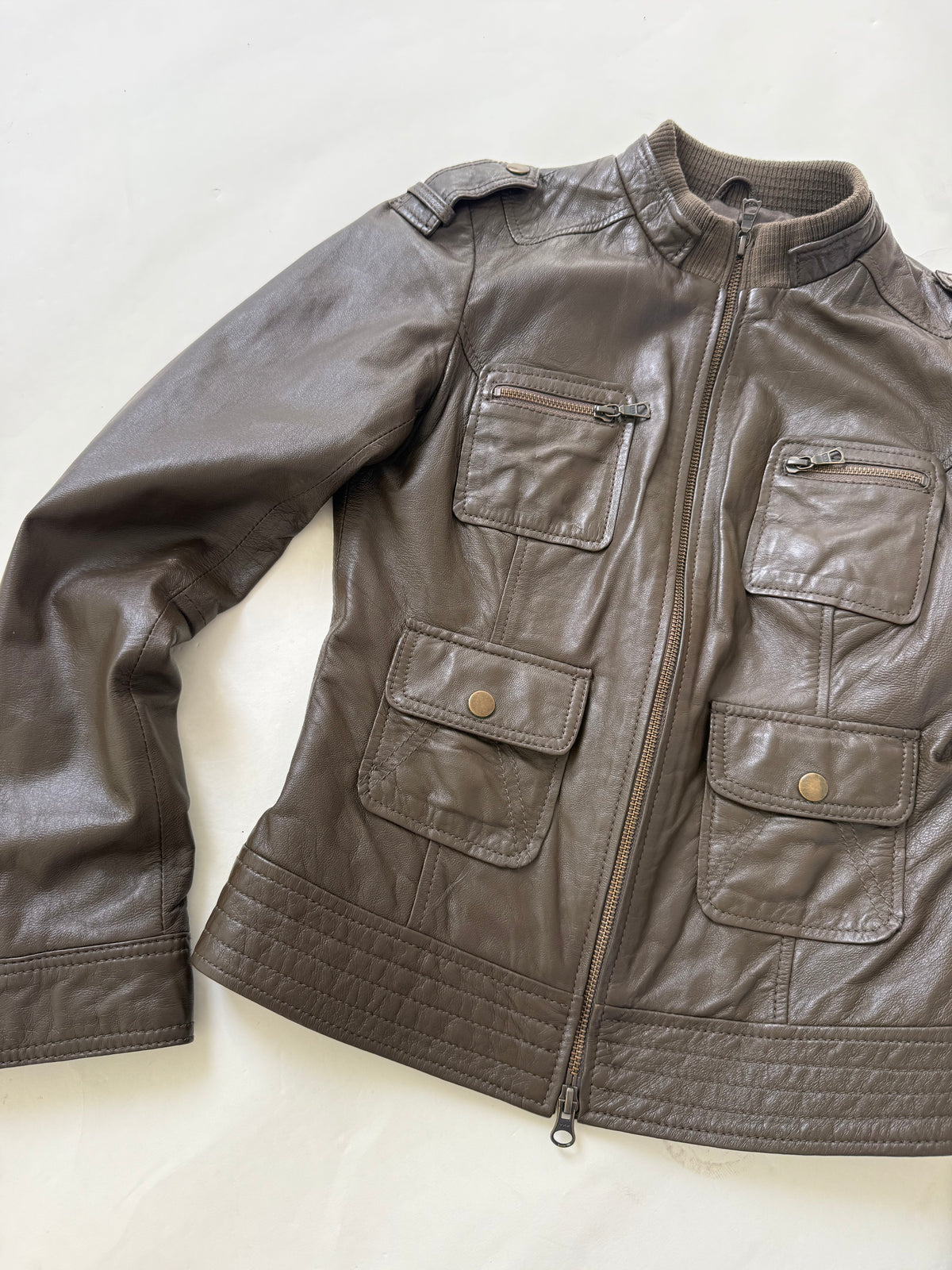 Khaki Leather Cargo Jacket (UK8)