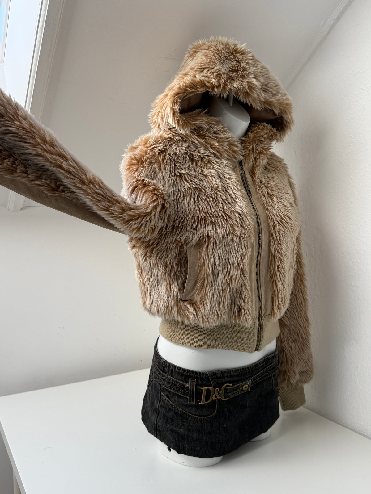 Faux Fur Hooded Bomber Jacket (UK12)