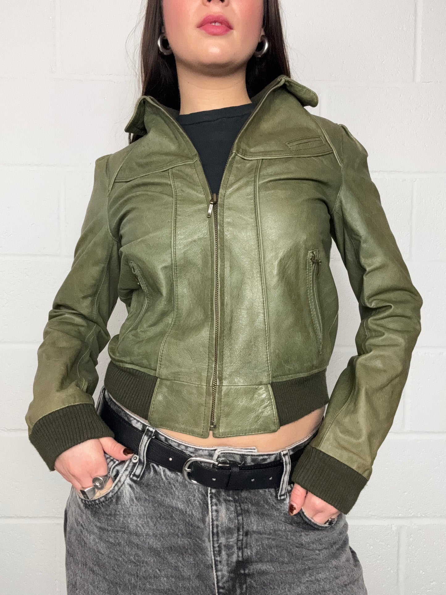 Green Leather Bomber Jacket (UK8)