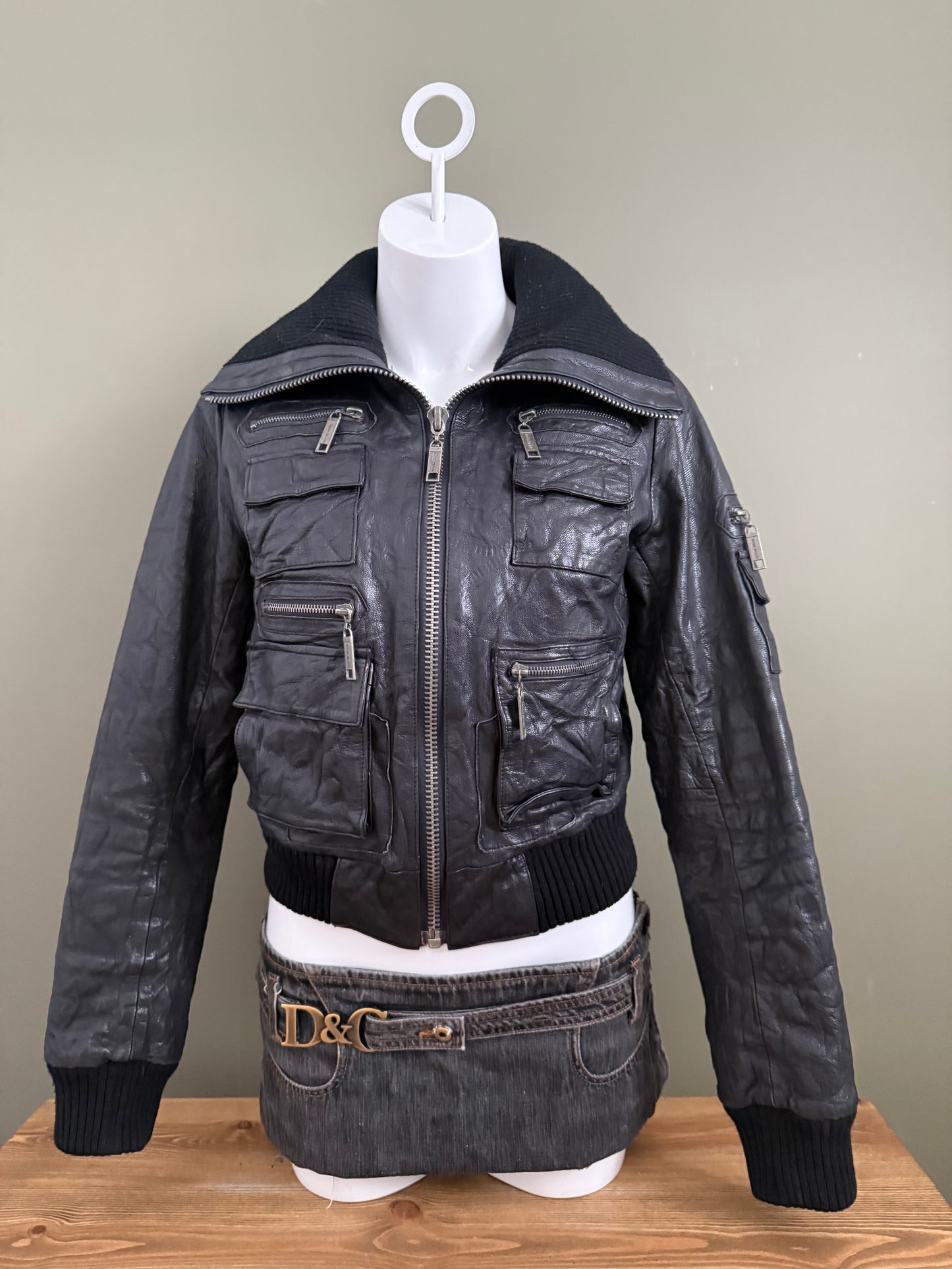 Leather Cargo Bomber Jacket (UK12)