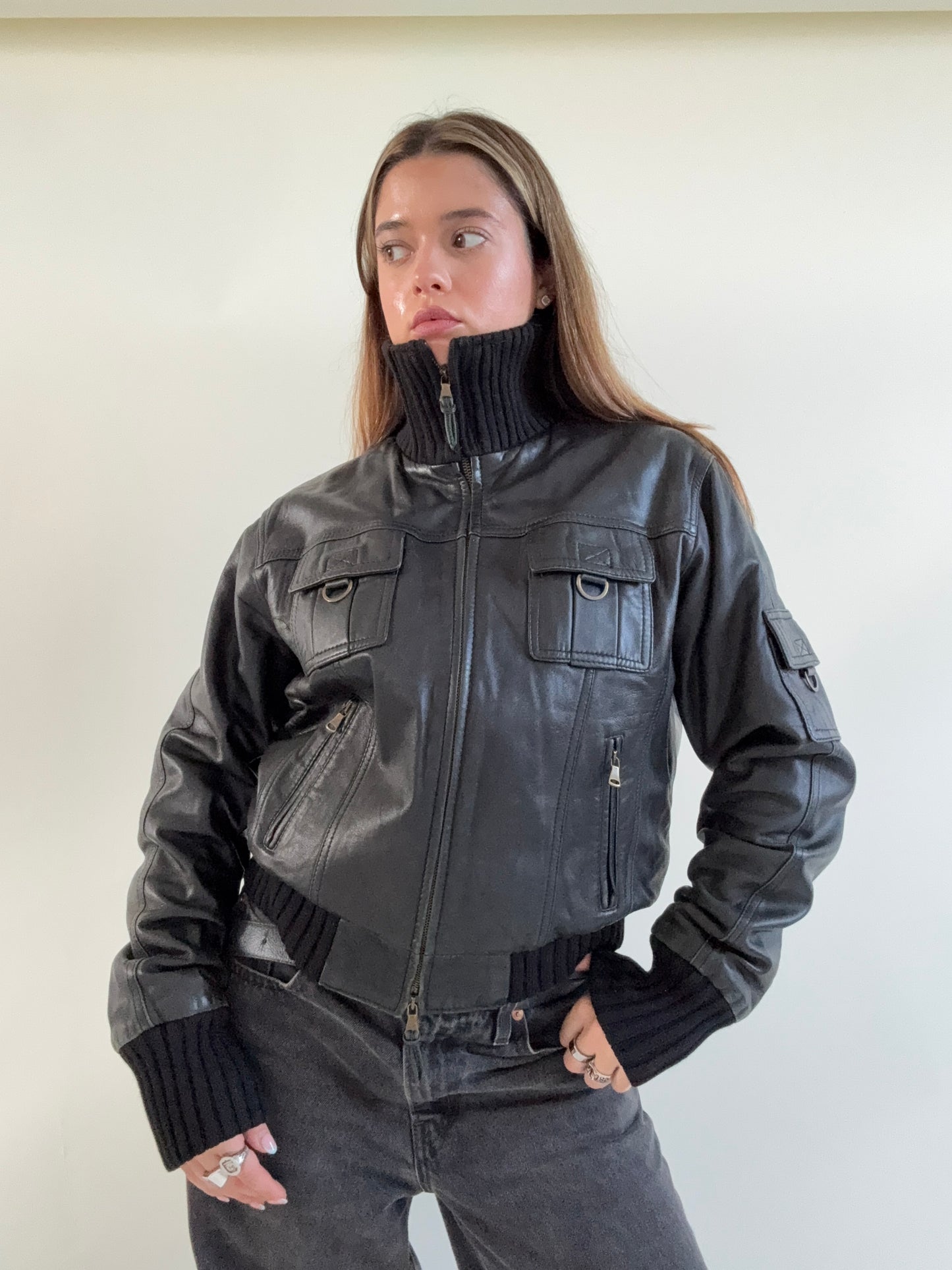 Leather Cargo Bomber Jacket (M)