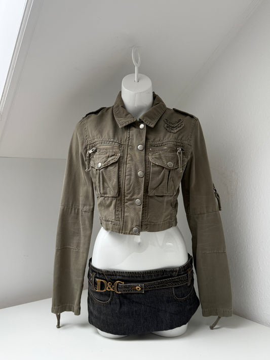 Khaki Y2K Cropped Utility Jacket (UK12)