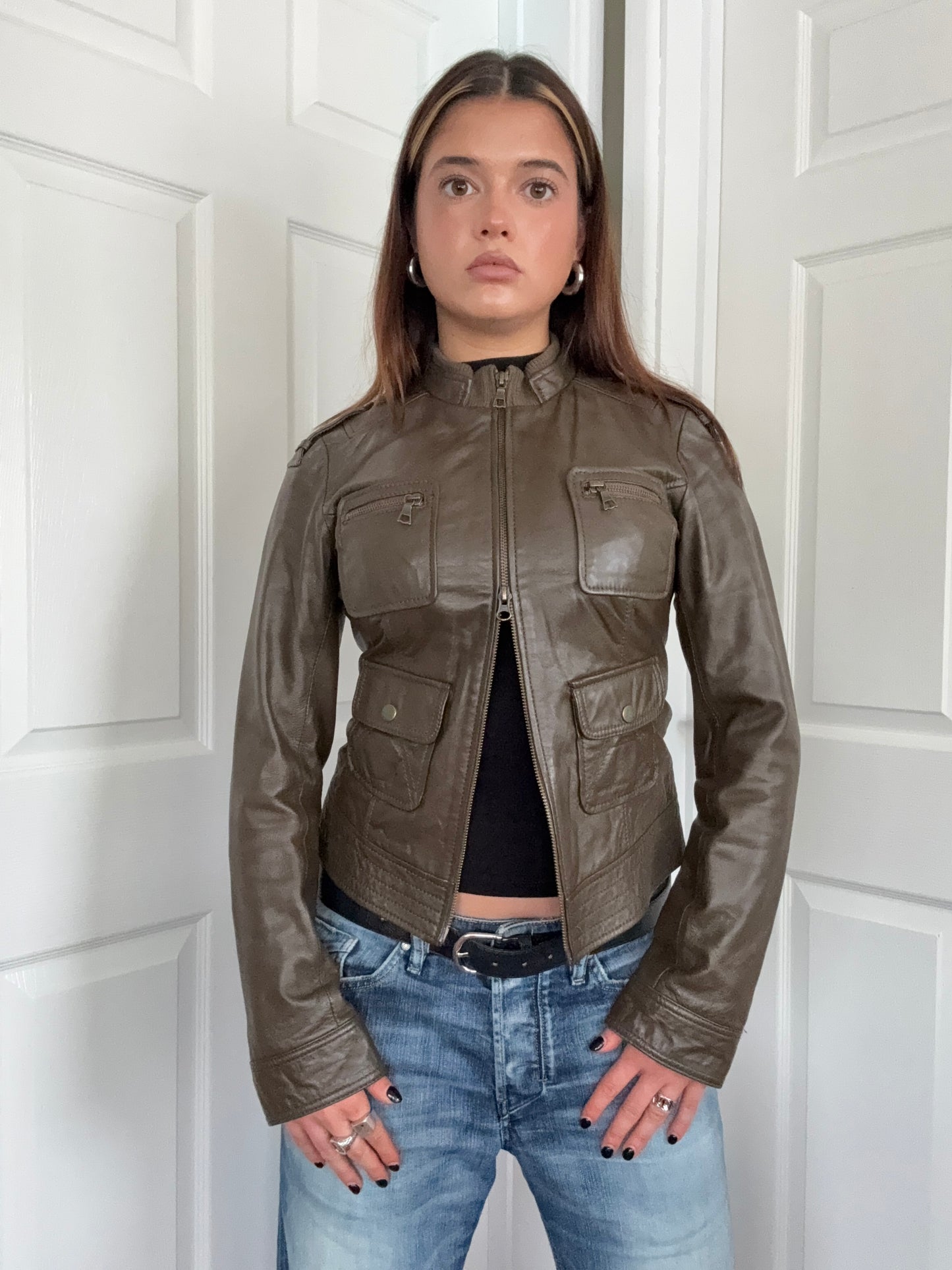 Khaki Leather Cargo Jacket (UK8)
