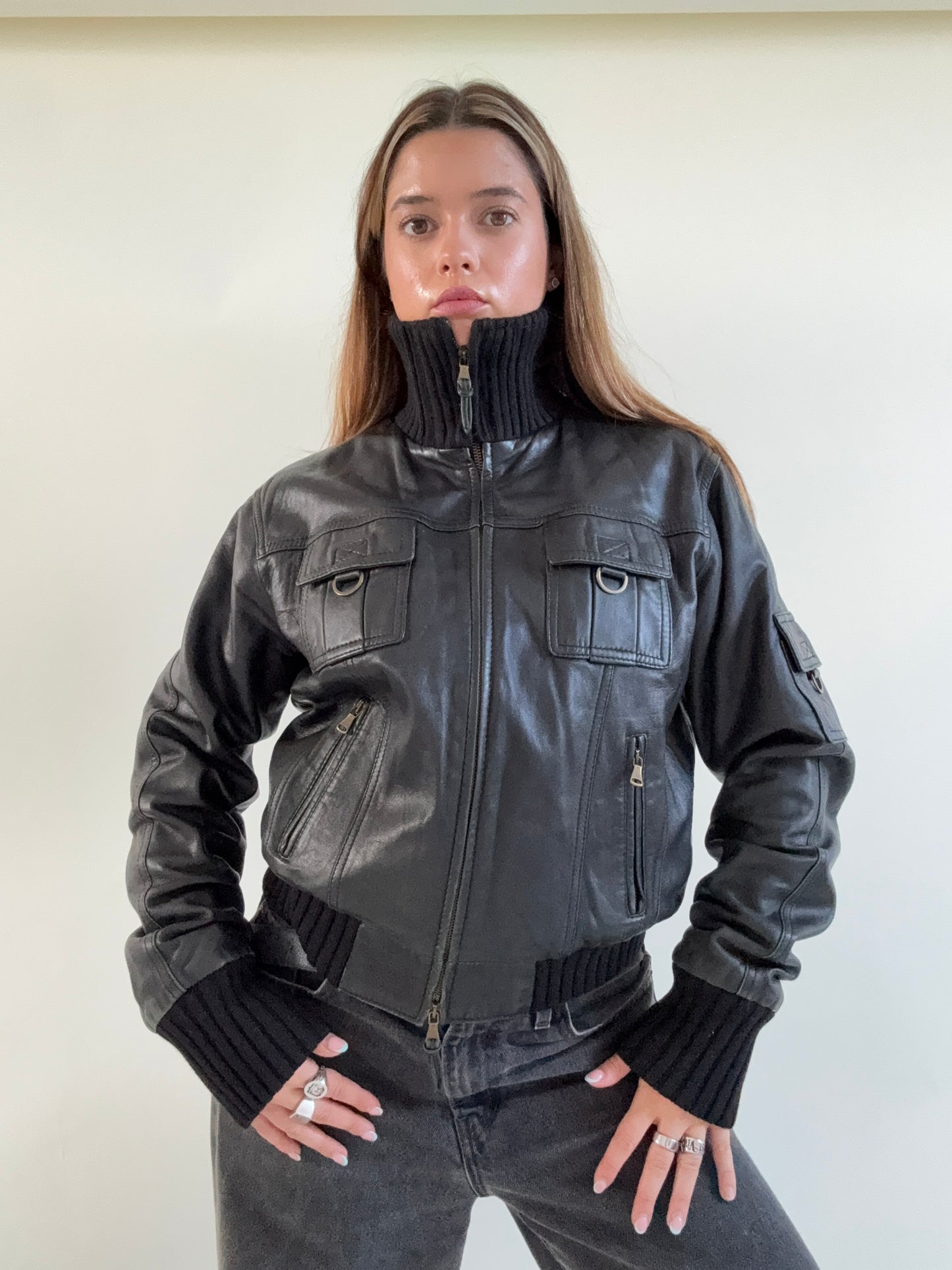 Leather Cargo Bomber Jacket (M)