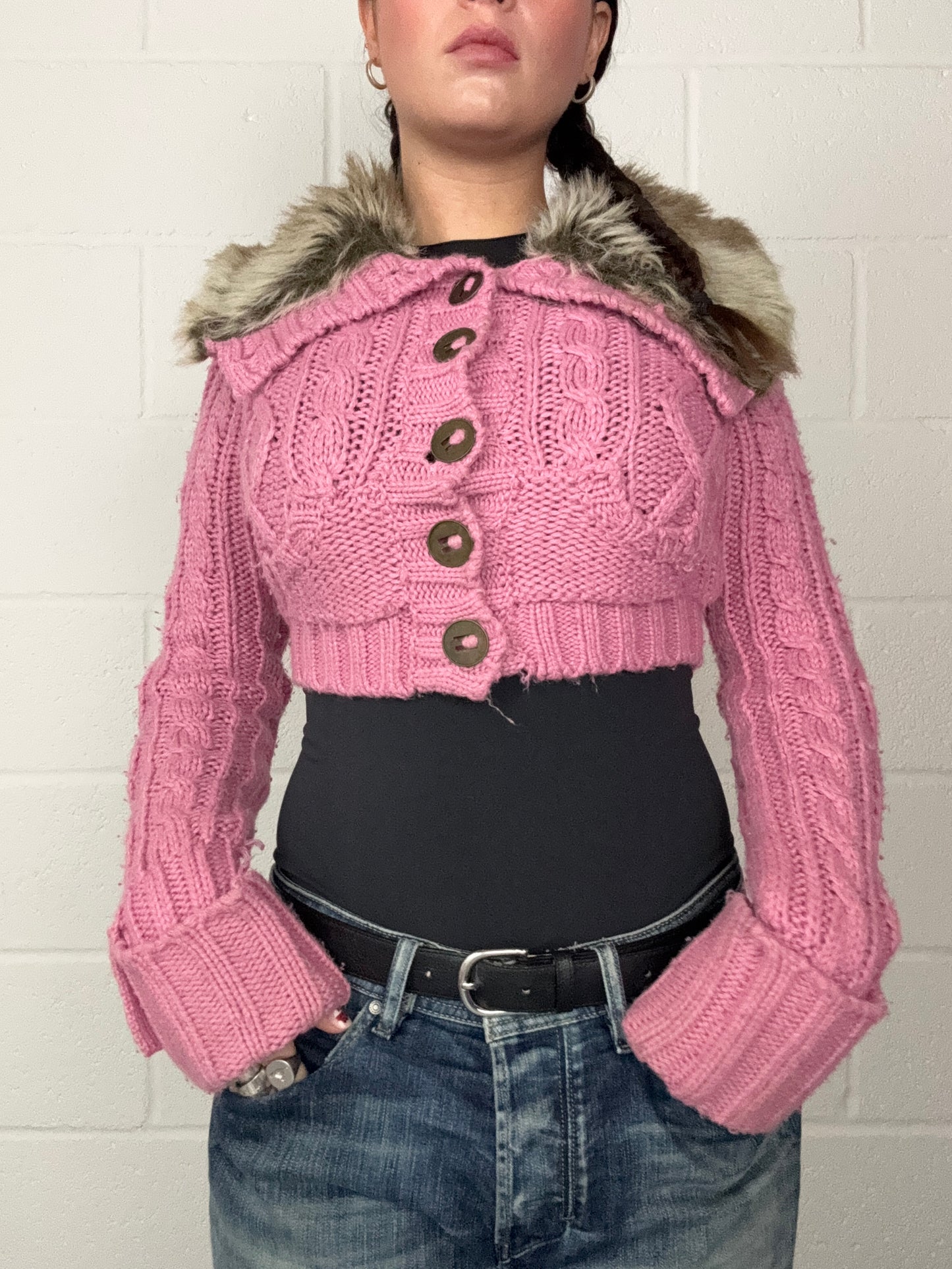 Pink Knitted Y2K Cropped Jumper (UK8)